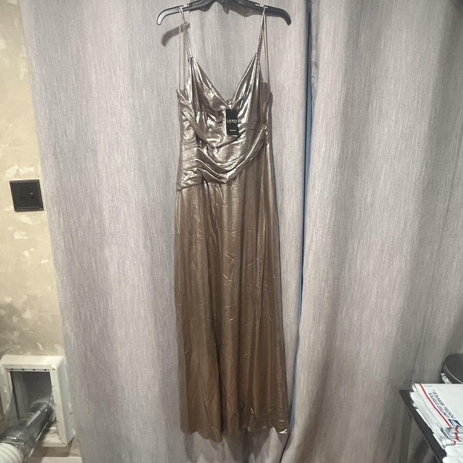 Lauren Ralph Lauren Dress Womens 10 Silver Metallic Plunge Neck Ruched Maxi Gown
