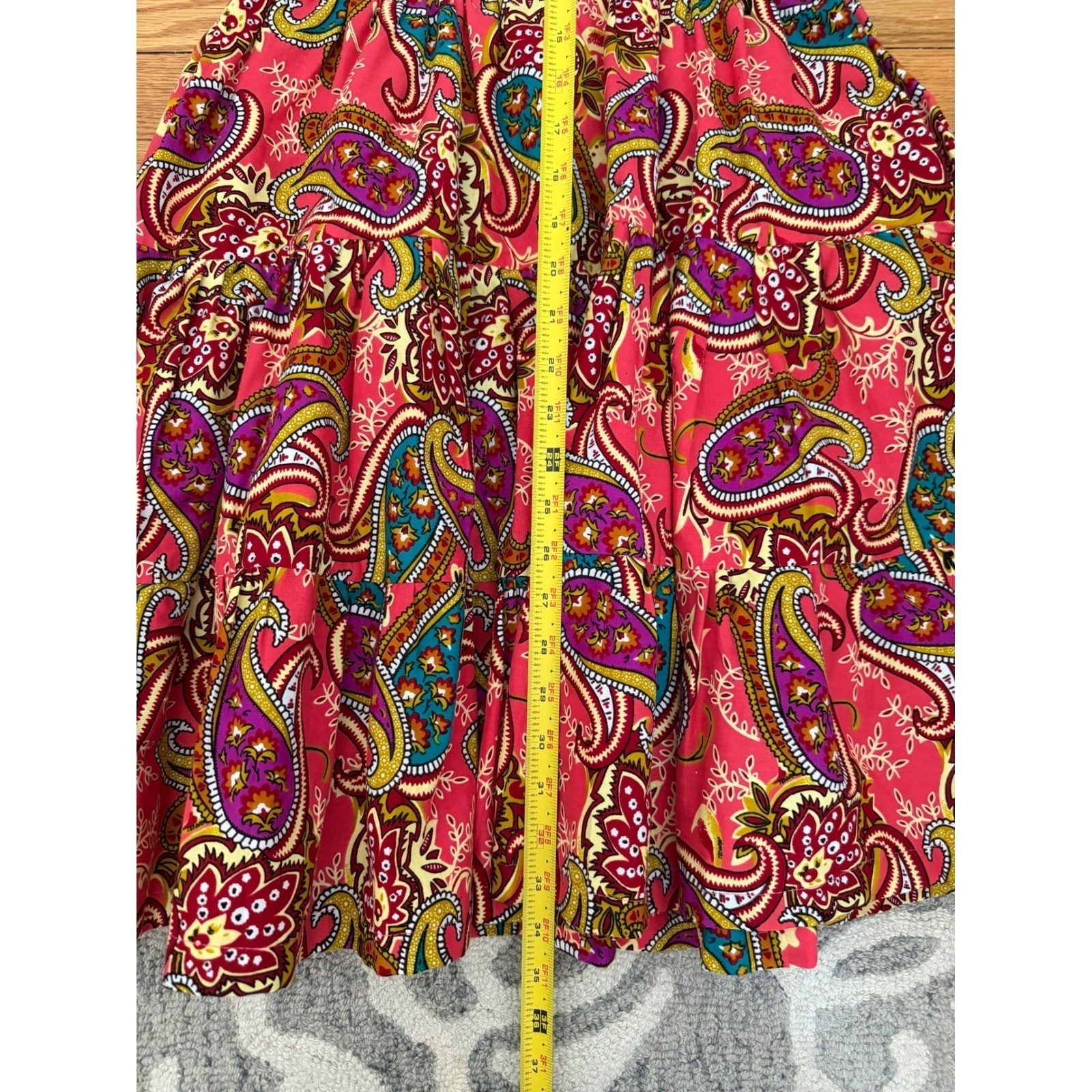 Pink Paisley Tiered Ruffle Sleeve Fit & Flare Cotton Dress Sz S: Boho, Party