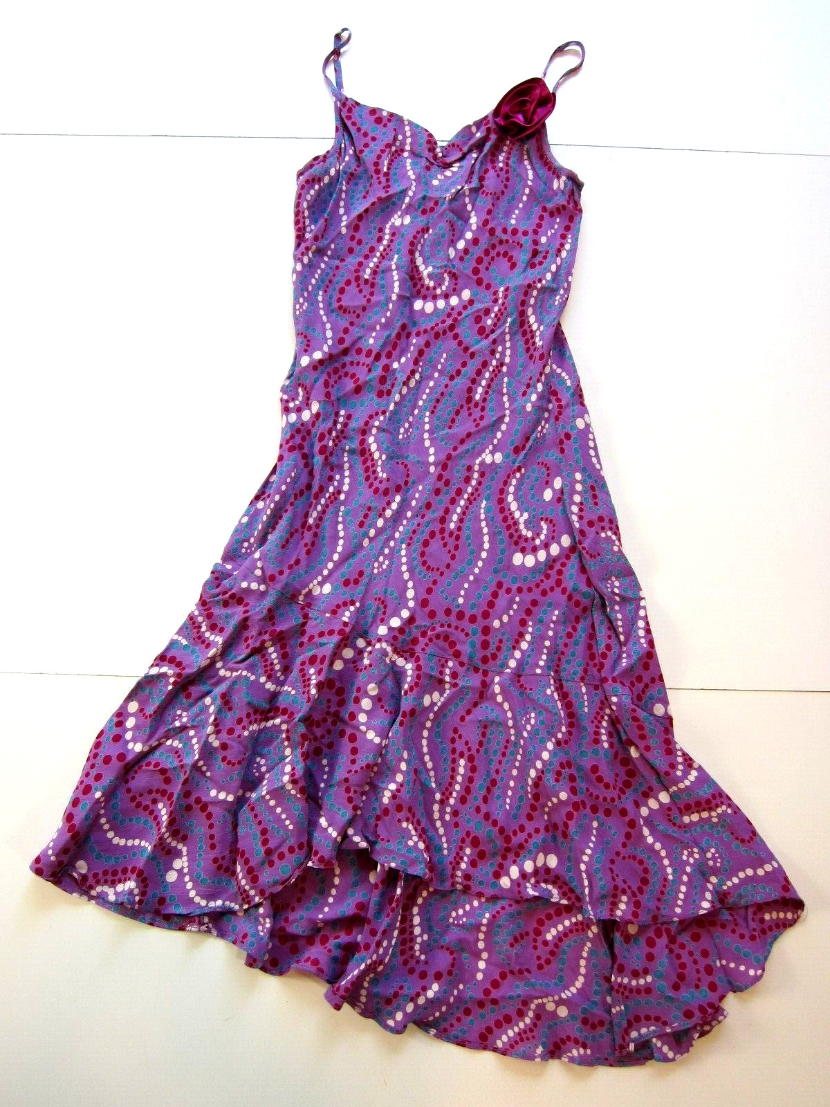 Angie 100% Rayon Purple Green White Polka Dot Midi Tank Slip Sun Dress Small