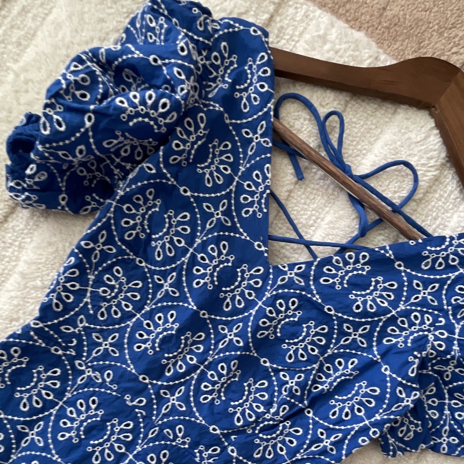 Mango Blue/White Embroidered Puff Sleeve V-Neck Tie Mini Dress XXS Cotton