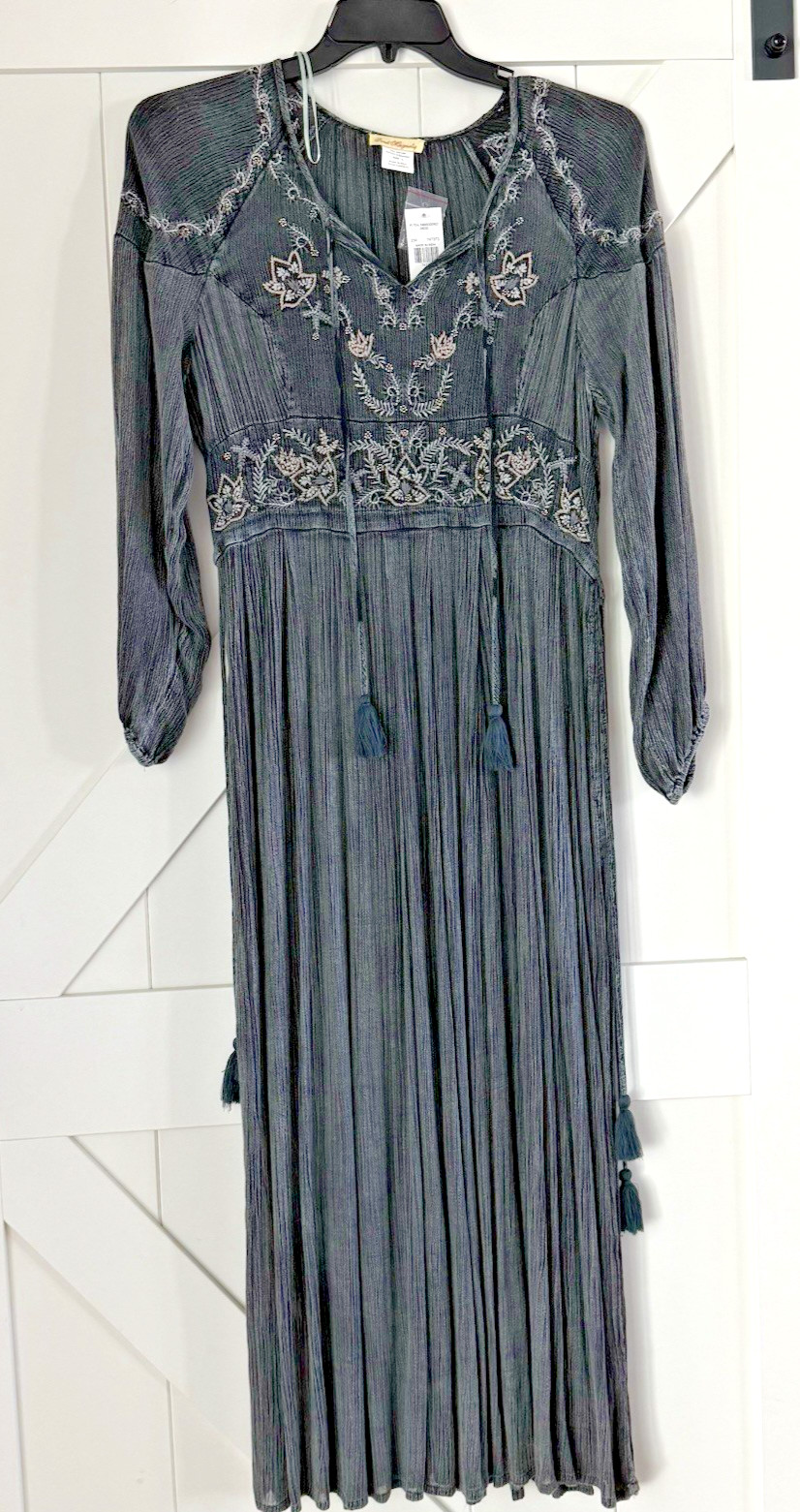 Sweet Magnolia Embellished Boho Prairie Beaded Maxi Dress Size Large Gray Teal