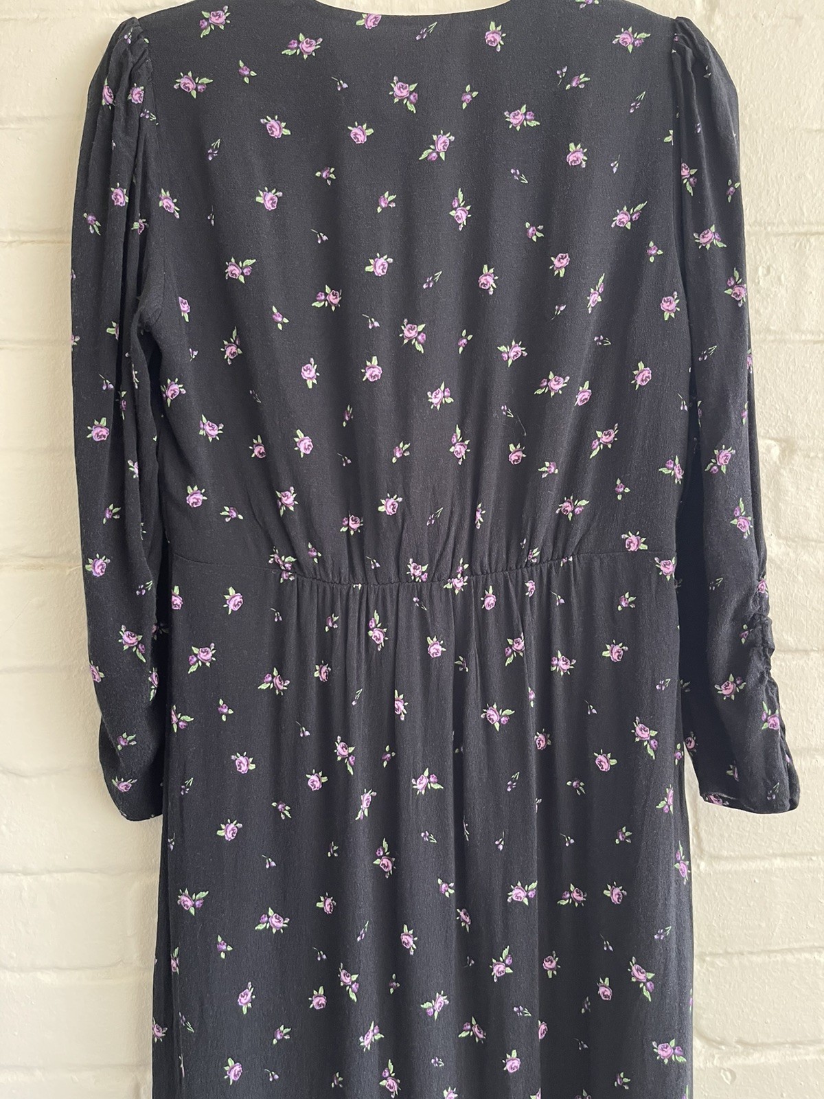 Mango MNG Black & Purple Floral Midi Dress M 3/4 Sleeve Viscose Dress Women’s