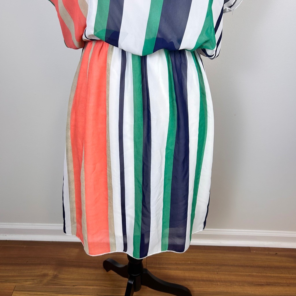Espresso Colorblock Striped Chiffon Dress Womens Medium Green Orange Navy White