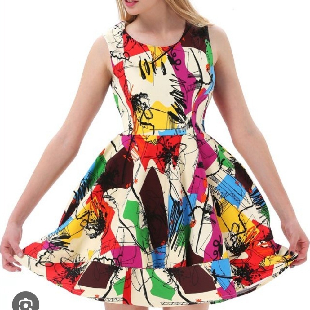 ZR&ZR Multicolor white pink red Flare Abstract Print Sleeveless Dress sz large L