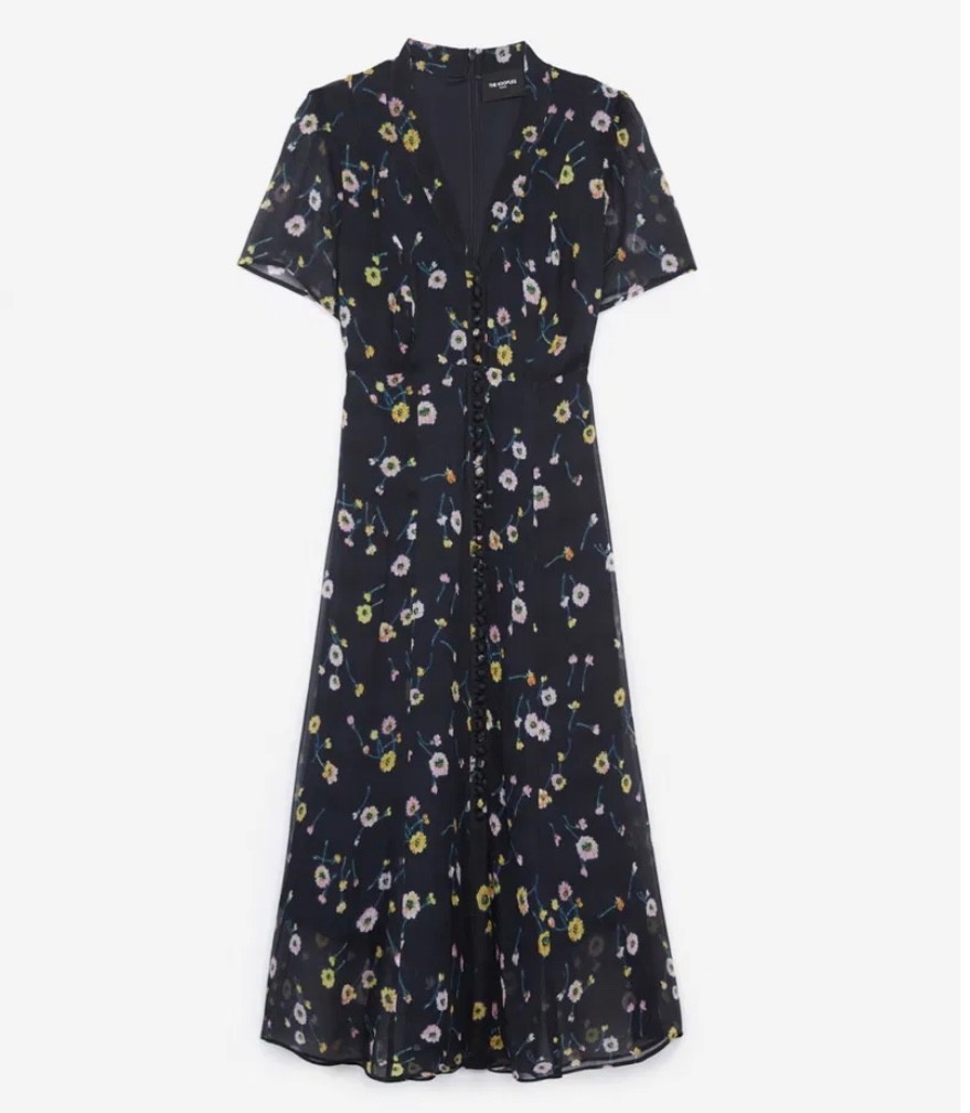 The Kooples Maxi Dress Size 2 Black Floral Short Sleeve V-Neck Lined Feminine