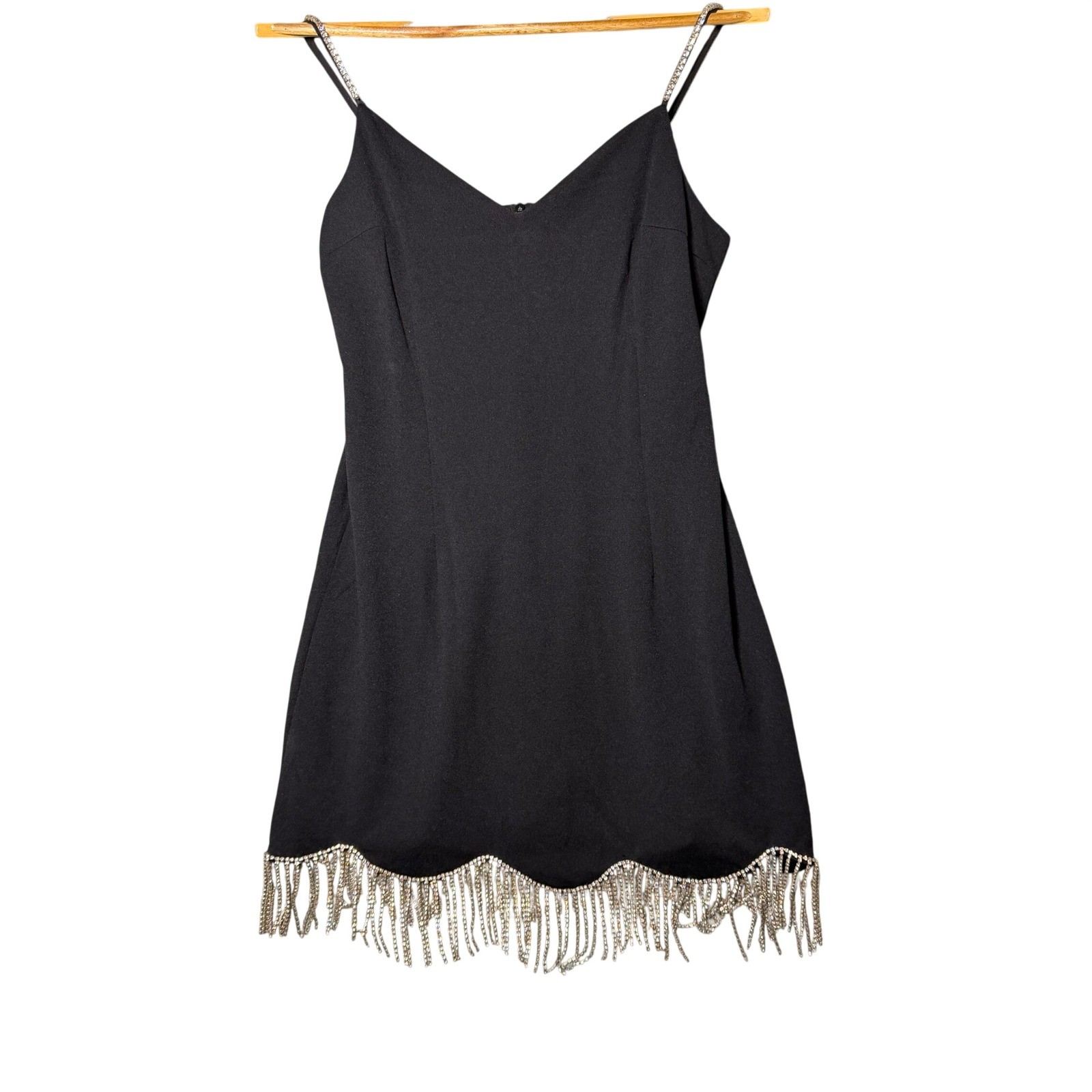Lea & Viola Black Rhinestone Fringe Scallop Hem Mini Dress Small NWT