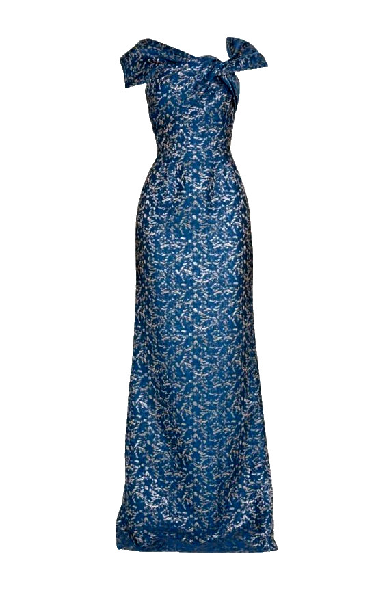 Rickie Freeman For Teri Jon Asymmetric Jacquard Column Gown Sz 12 Women Blue