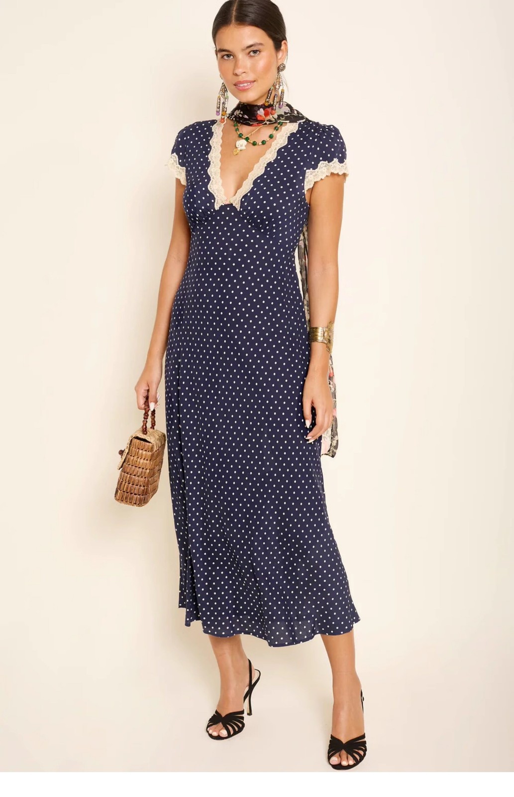 RIXO LONDON Retro Polka Dot Lace Trim V Neck Tie Waist Bias Cut Midi Dress