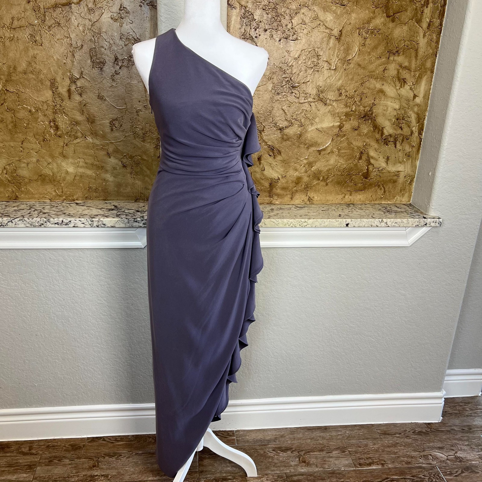 St John Couture One Shoulder Draped Maxi Gown Dress Size 2 Purple Silk Lined