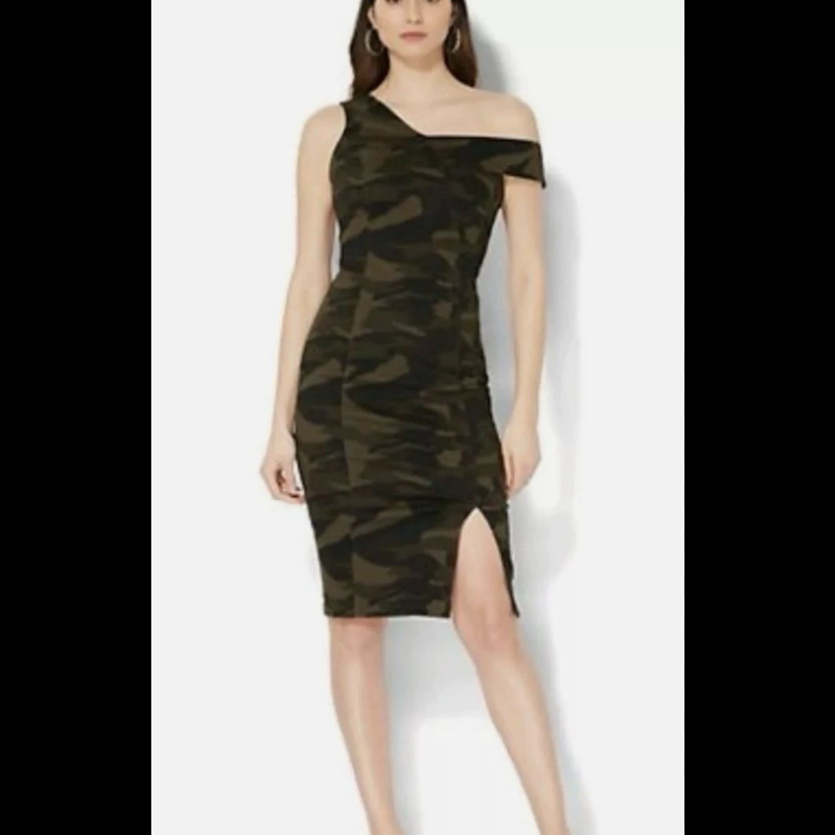 New York & Company One-Shoulder Olive Camo Bodycon Dress Sz Medium