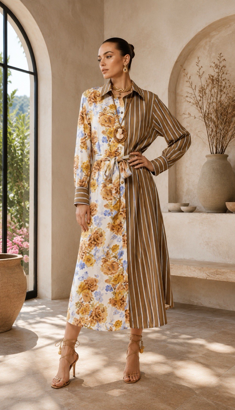 Made In Italy Tuscan Garden Mixed-Print Belted Midi Shirt Dress
