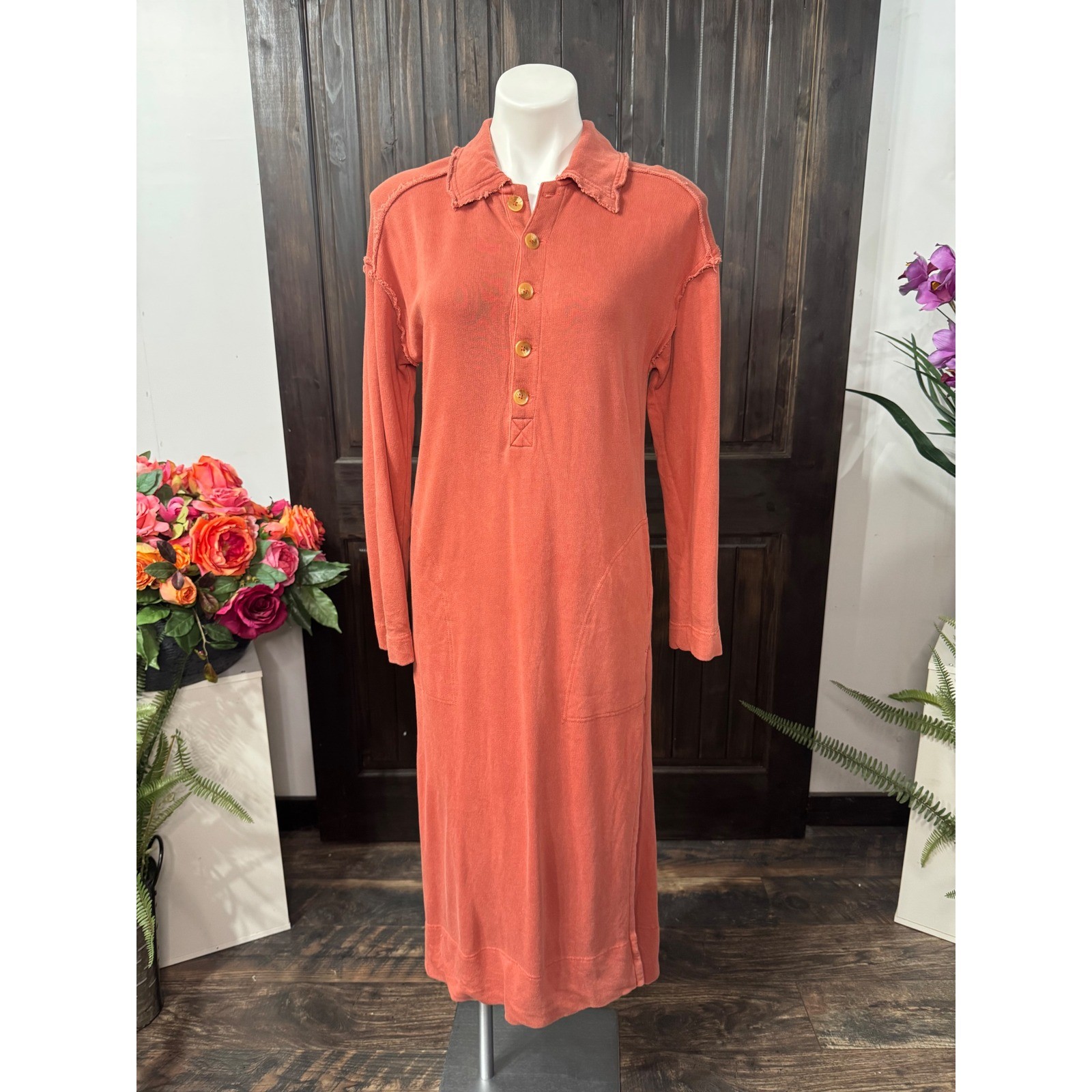 Free People Terracotta Orange French Terry Henley Midi Polo Dress Womens Large