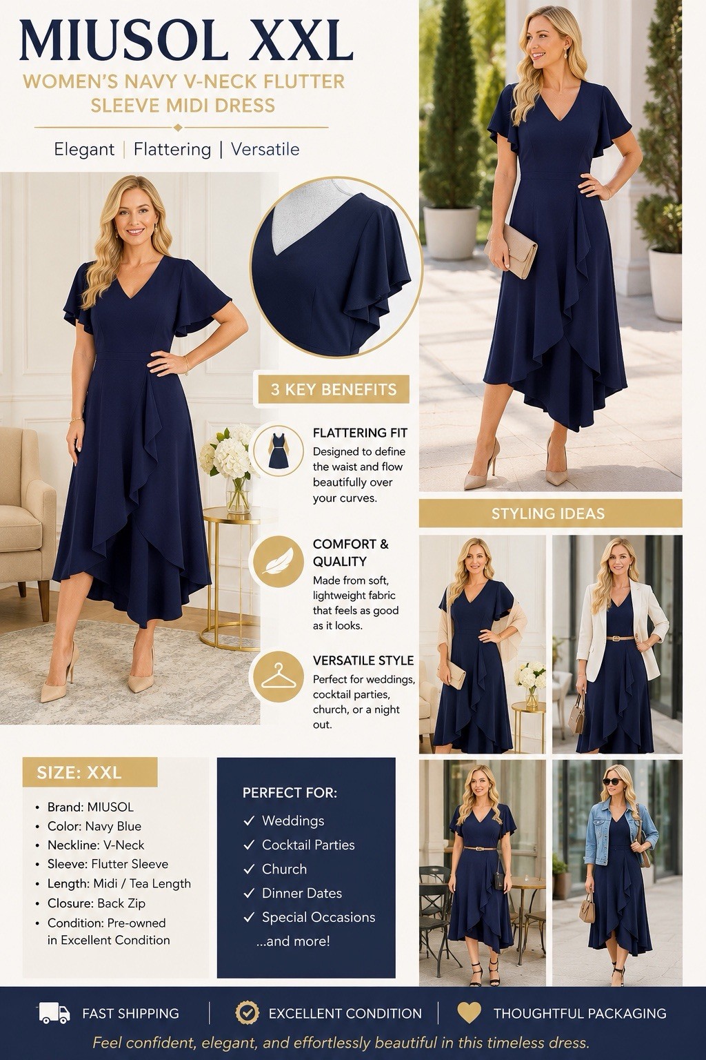 MIUSOL XXL Navy Blue Ruffle Midi Dress V-Neck Flutter Sleeve Pre-Owned