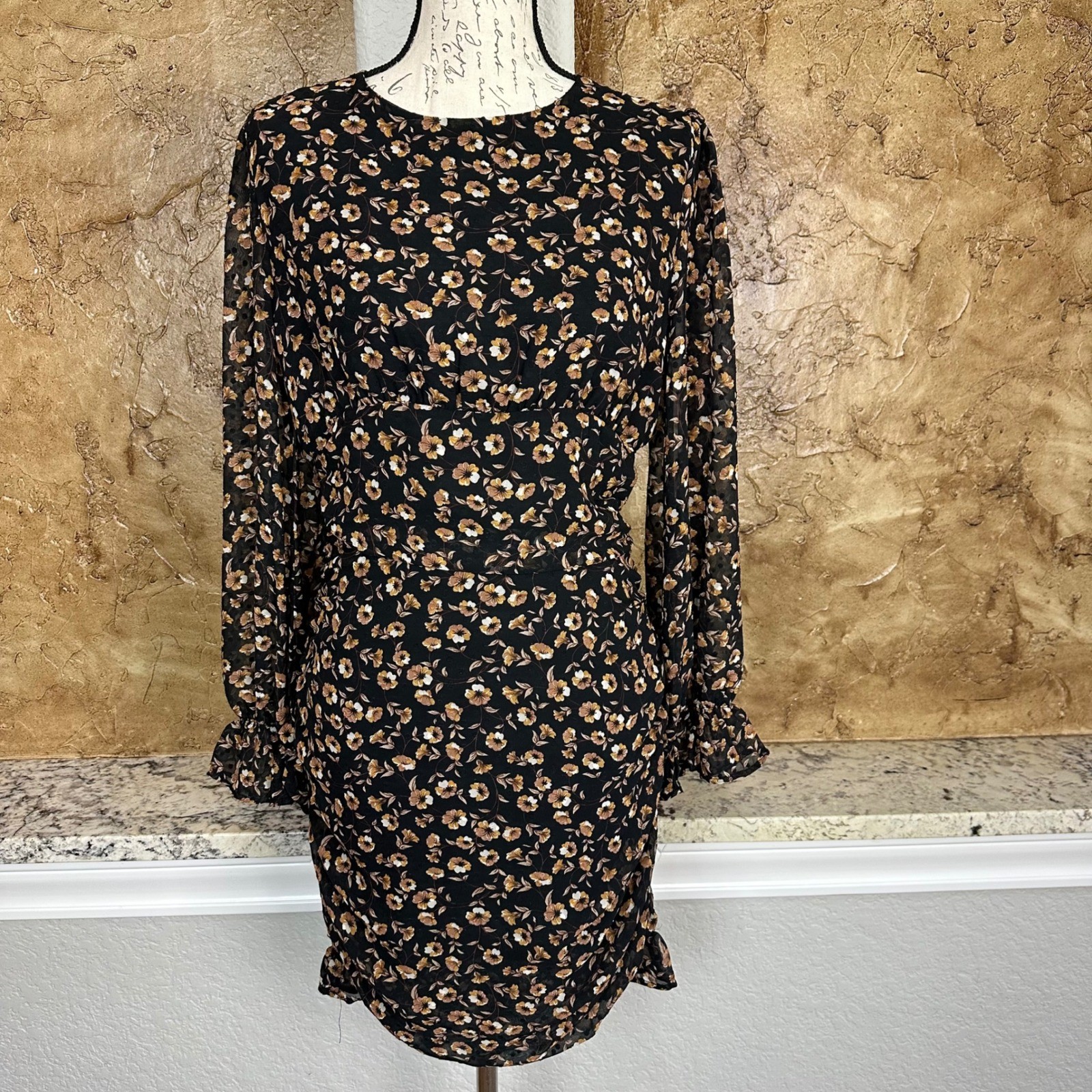 Storia Floral Print Long Sleeve Mini Dress Large Black Brown Ruched Ruffle