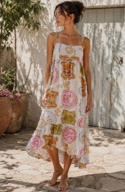 Paper Heart Anthropologie Citron Amalfi Coastal Dress L Travel Boho Tiered
