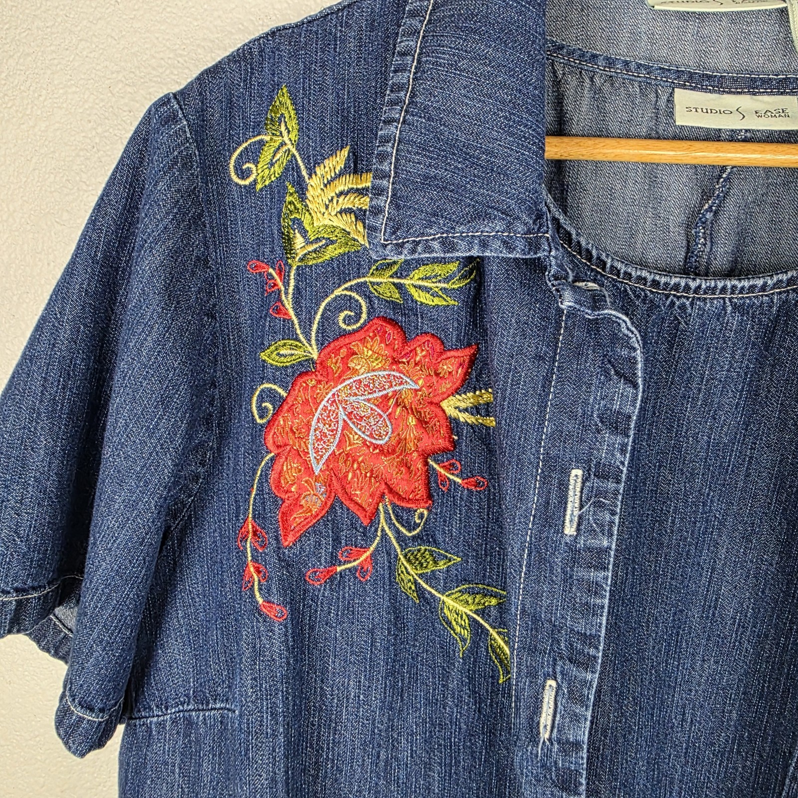 VTG Denim 2 Pc Set Maxi Dress Button Top 18W Western Boho 90s Embroidered Floral