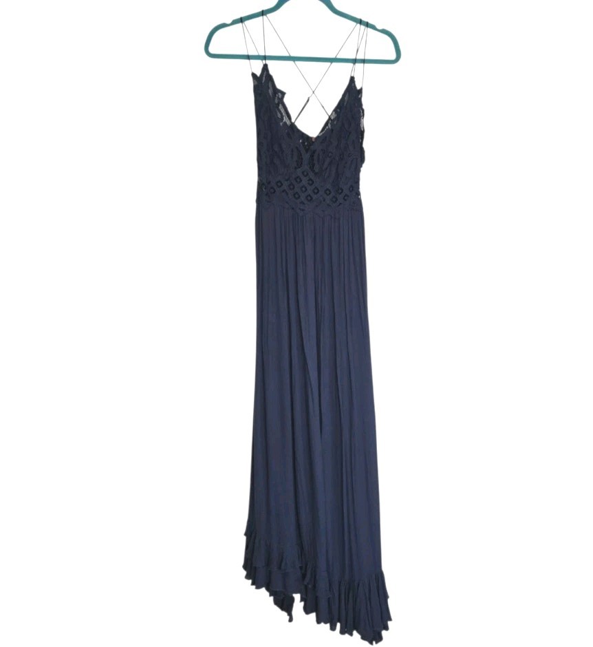 Free People FP One Adella Boho Maxi Slip Dress Womens Large Blue Ruffle Strappy
