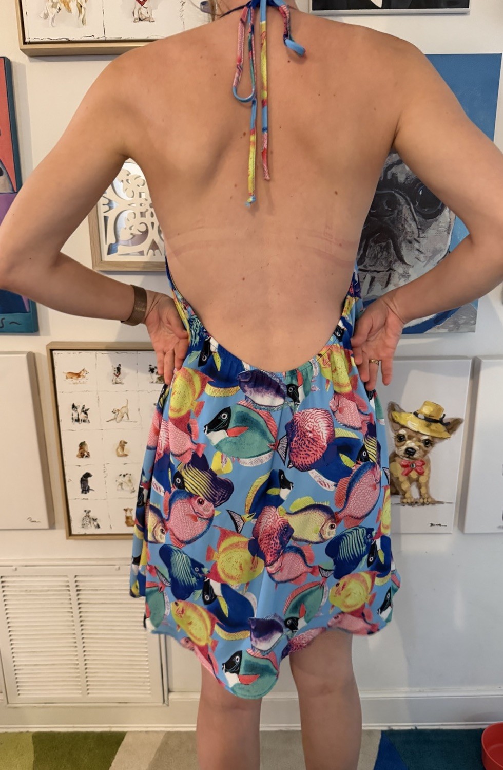 Show Me Your Mumu Sz Small Tropical Fish Halter Dress in Bright Blue Multi Mini