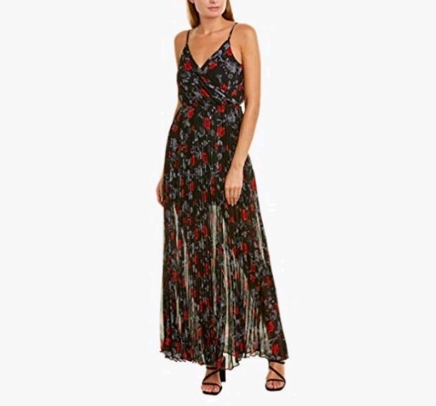 NEW Ali & Jay Pleated Adjustable Straps Maxi Dress Lined M Black Floral Print
