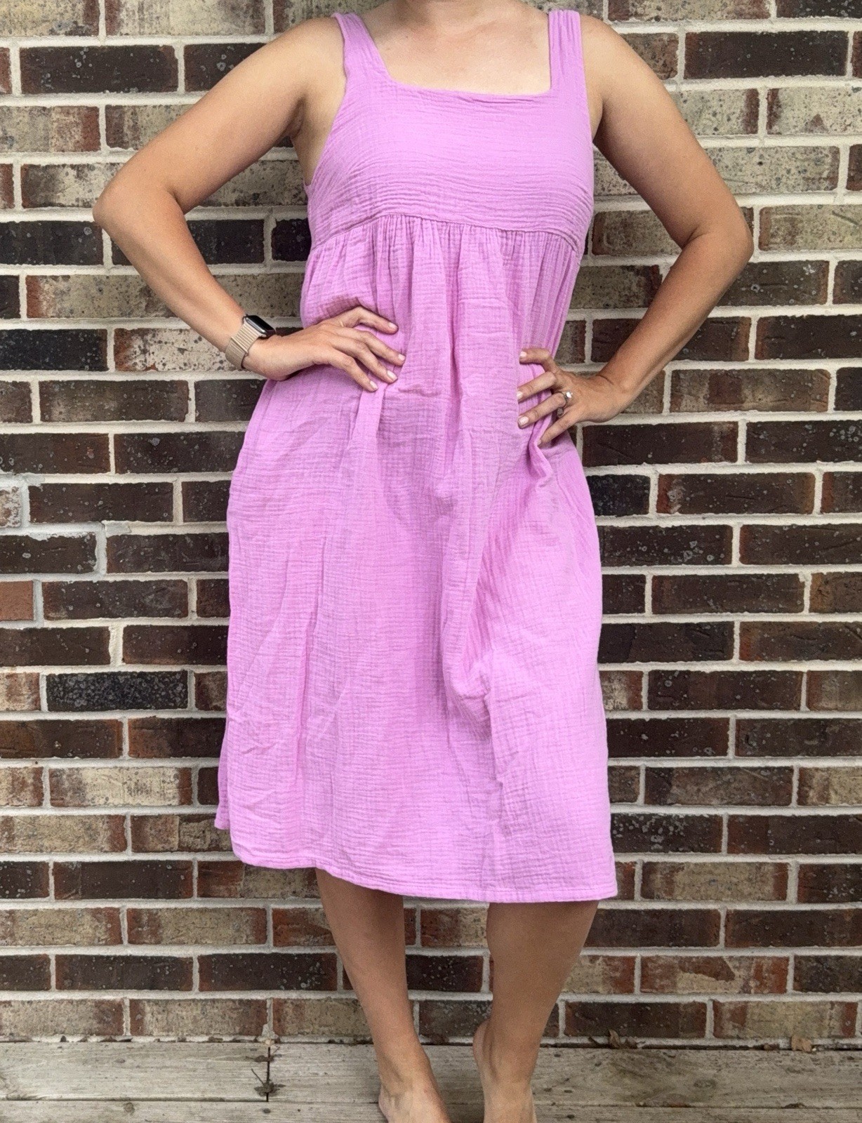 Stars Above Women’s Pink Solid 100% Cotton Sundress Midi Square Neck S