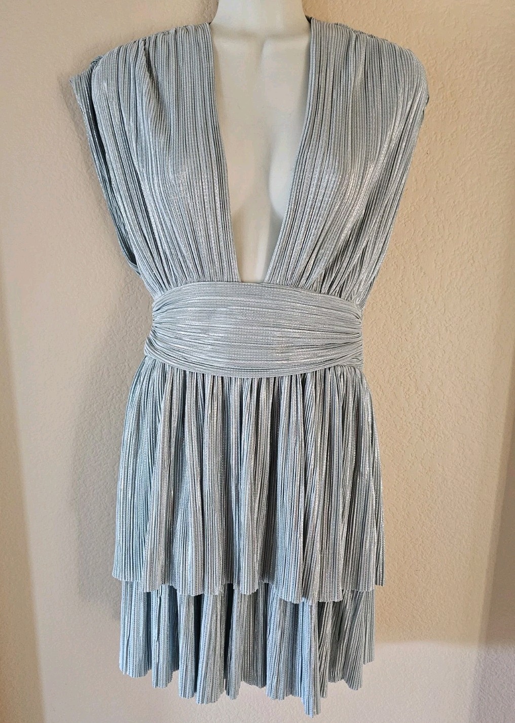 Sabina Musayev dress Mint Green Metallic Sz L Pleated Glam Shimmer