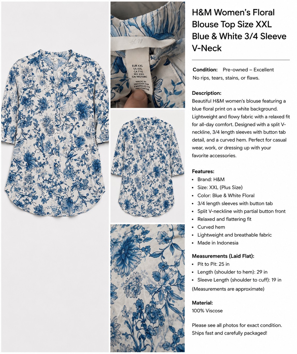 H&M Women’s Blue White Floral Blouse Top Size XXL Long Sleeve Lightweight Button