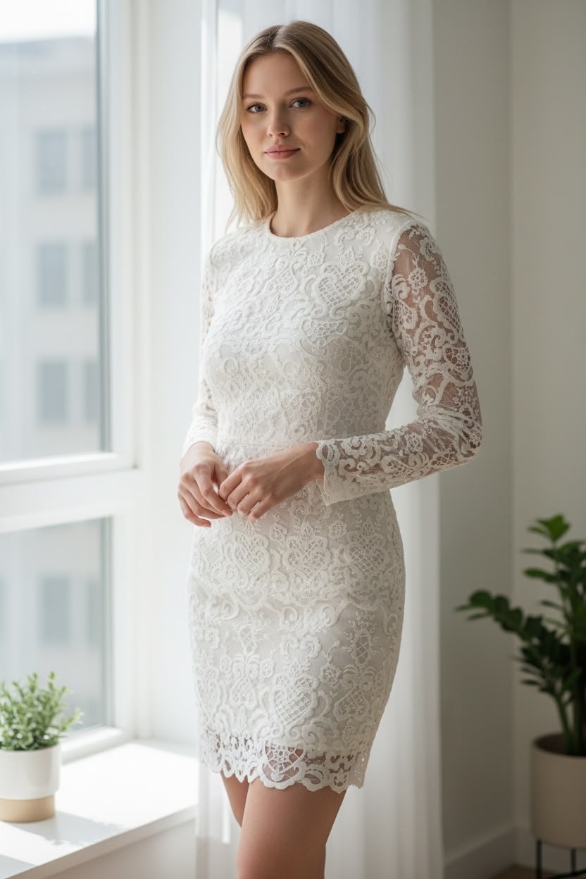 French Connection Women’s White Lace Long Sleeve Mini Dress – US 6