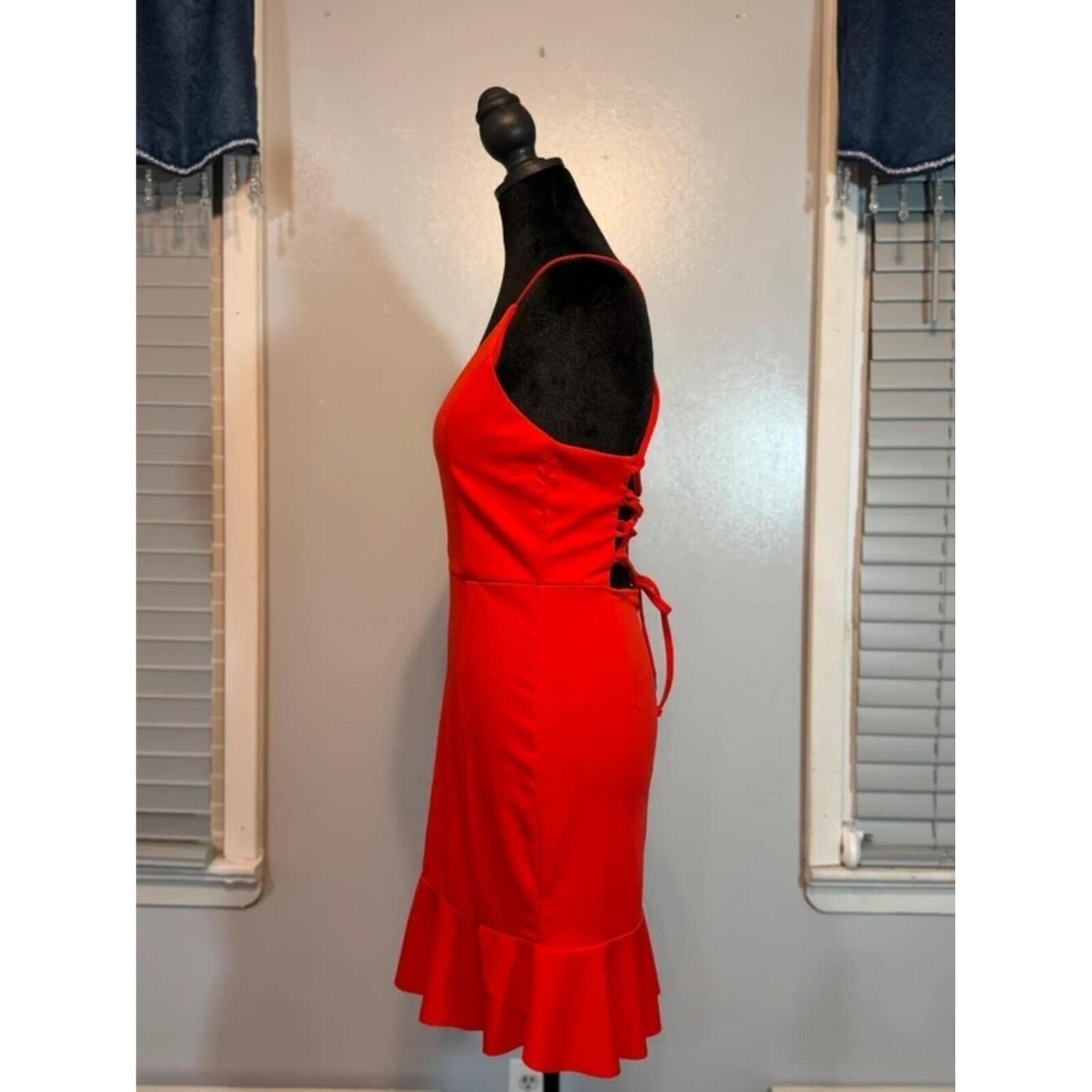 Red Lace Up Back Bodycon Ruffle Hem Spaghetti Strap Mini Cocktail Date Night