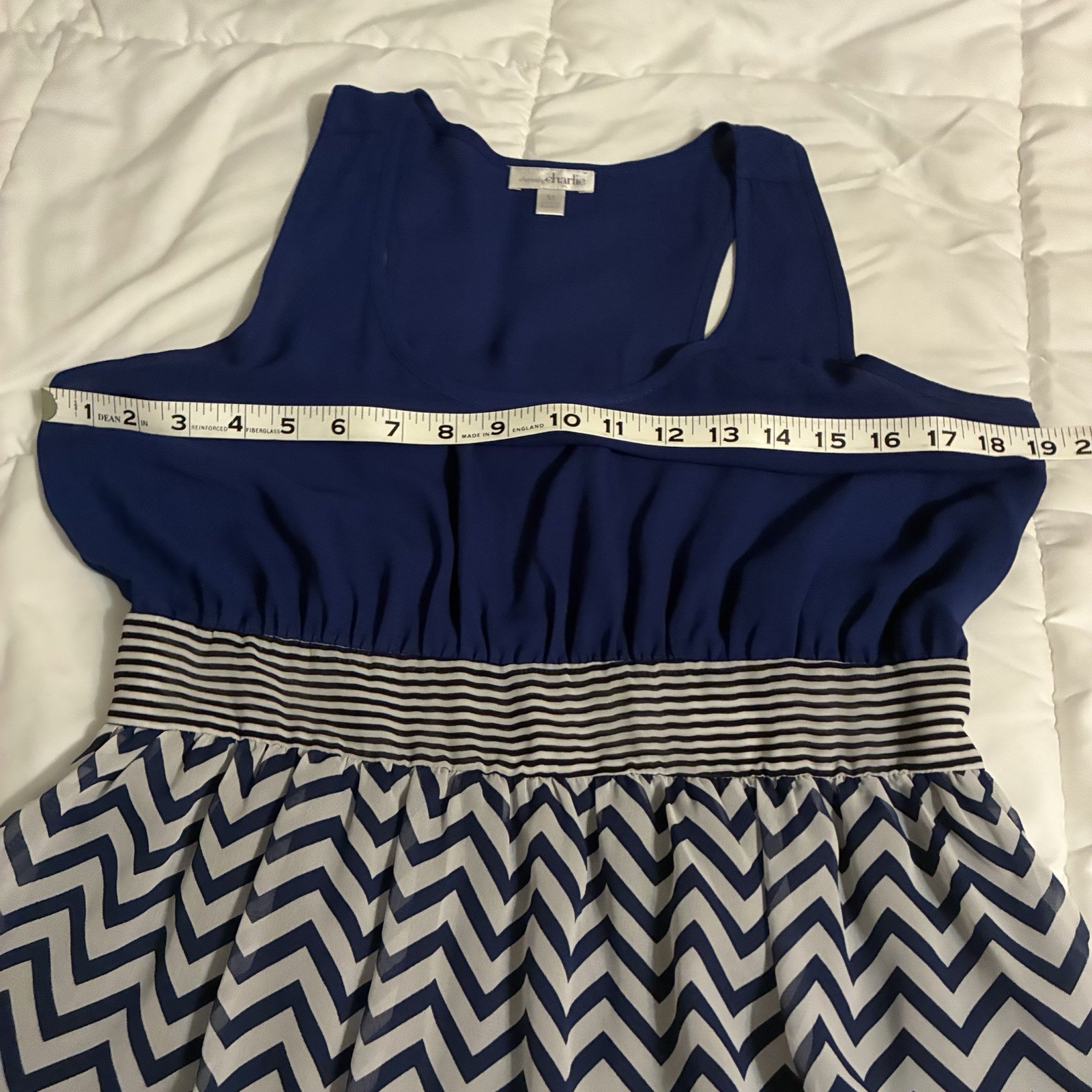 charming charlie Blue Chevron Dress M Sleeveless Chiffon Tank Mini Sundress Boat
