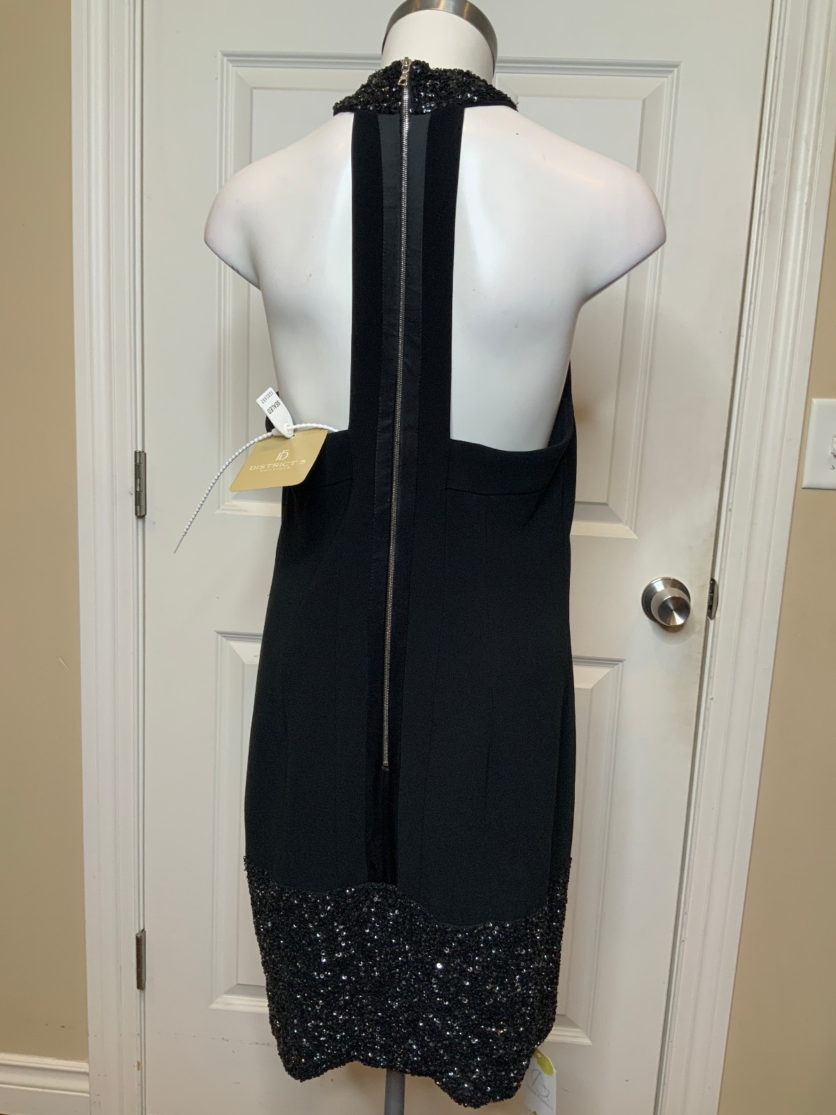Theia Jewel Neck Sequin Trim Mini Little Black Dress $795, Size M