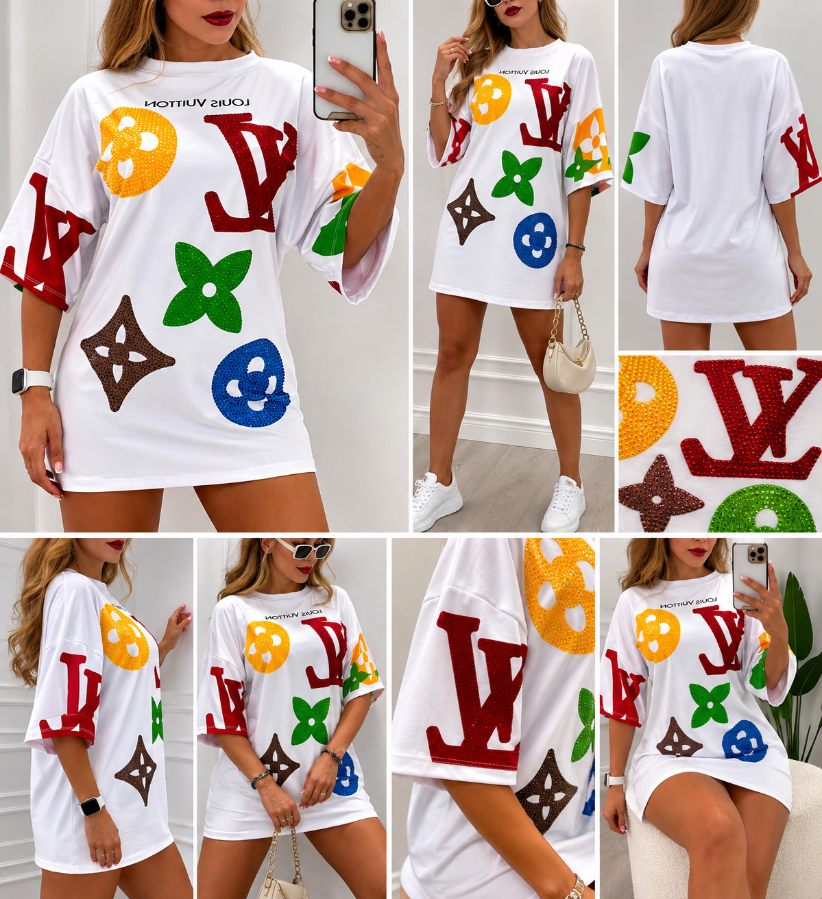 Women’s Oversized Graphic T-Shirt Dress Rhinestone Cartoon Print Short Sleeve Ca