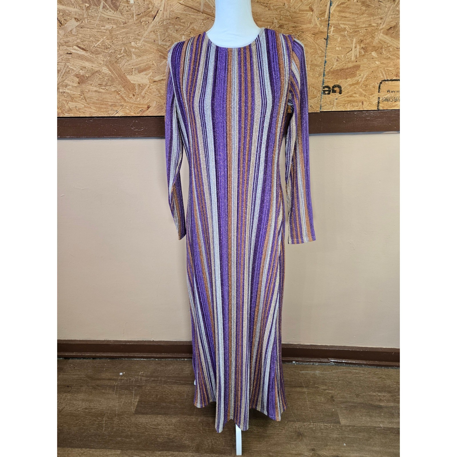 Kendall + Kylie Purple Orange Metallic Striped Pleated Maxi Dress Size 8/10