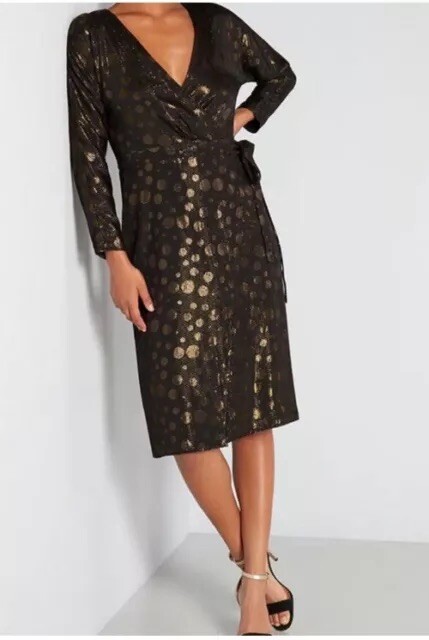 New Modcloth Golden Record Party Wrap Dress Womens Size small belted black gold