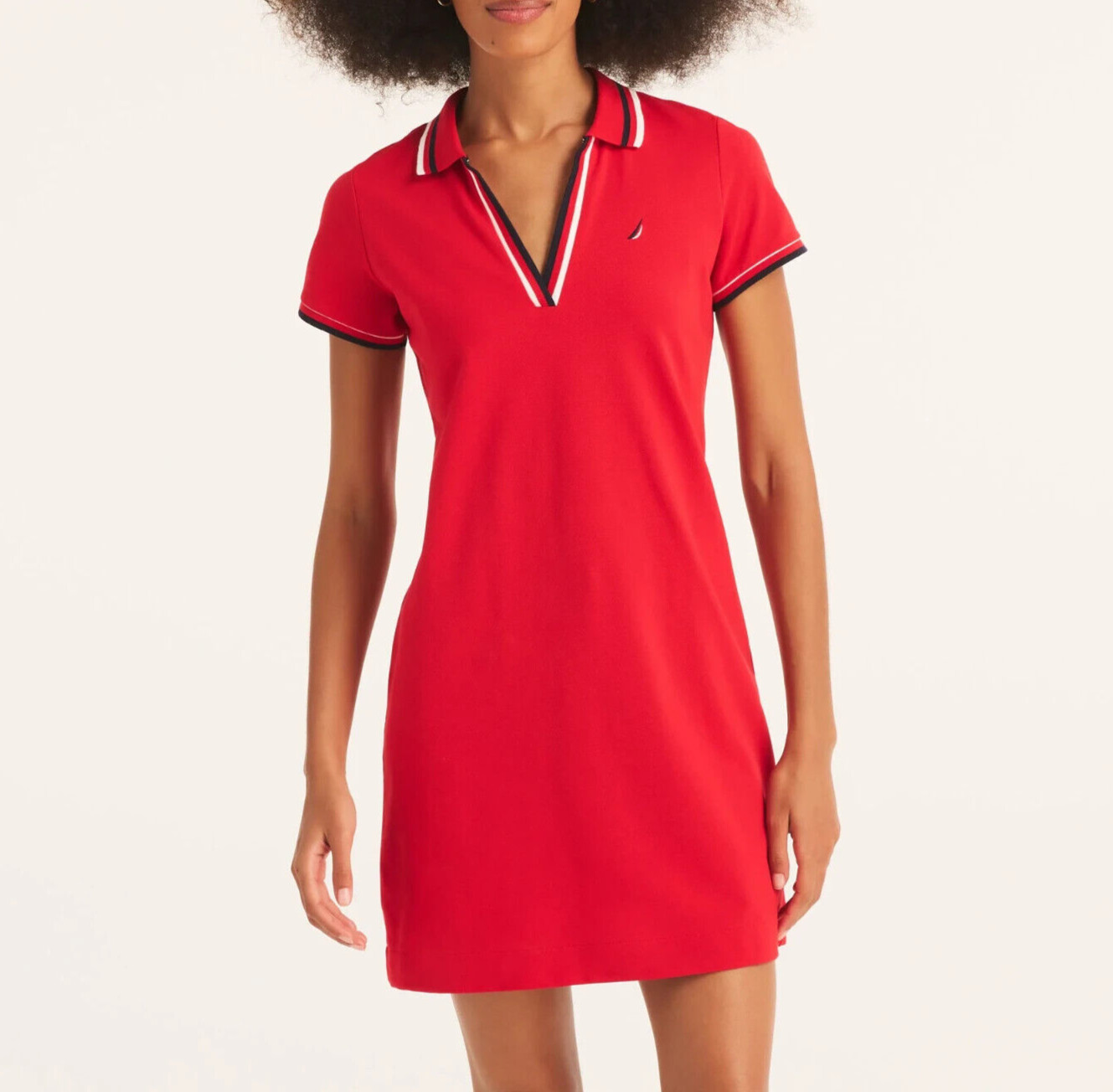 Nautica Women’s Solid Stretch Mesh Split Neck Short Sleeve Deck Polo Dress Red