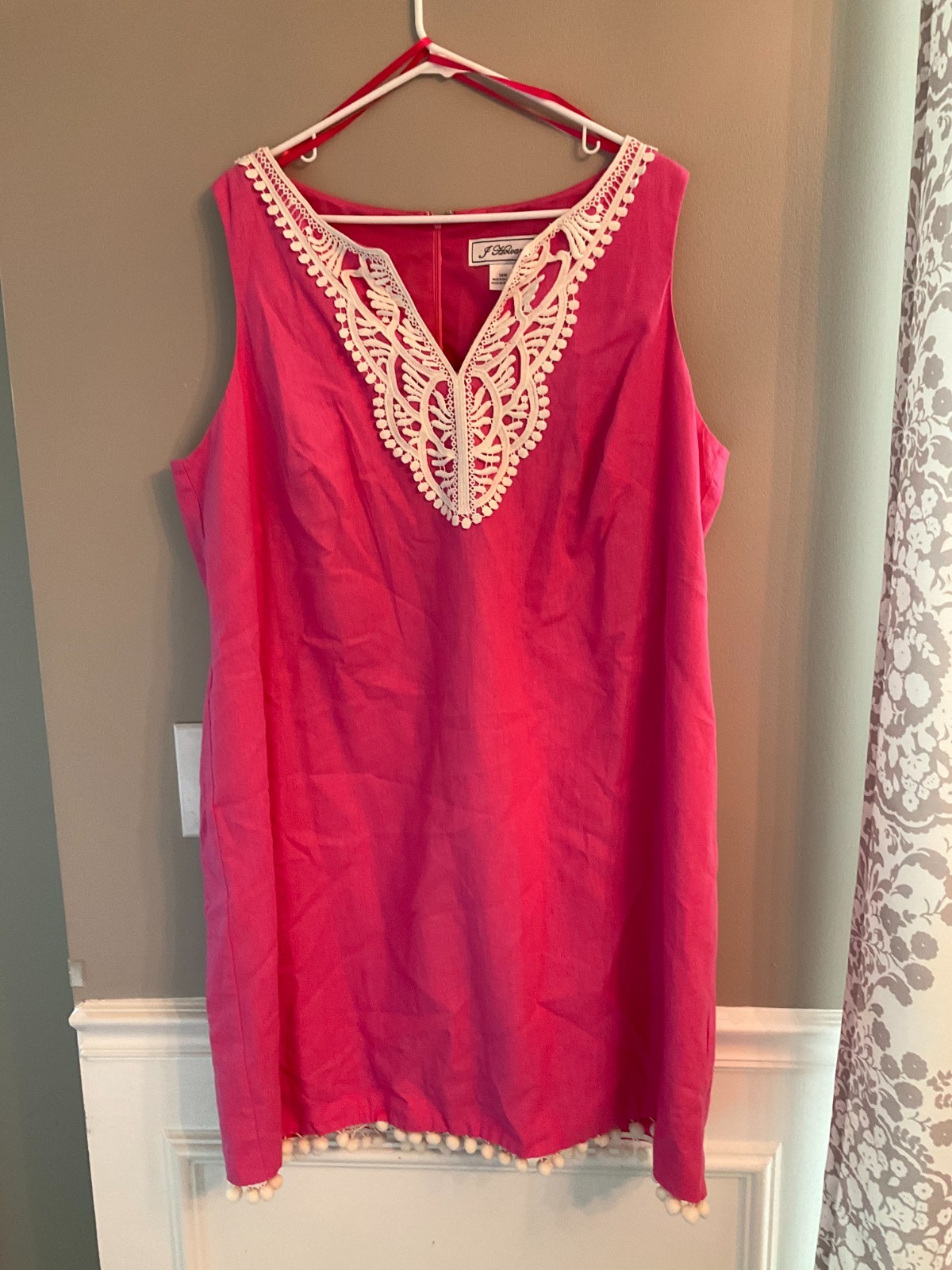 J Howard Linen Blend Pink Dress Size 18Wbk Crochet Detail Sleeveless Pom Pom Hem