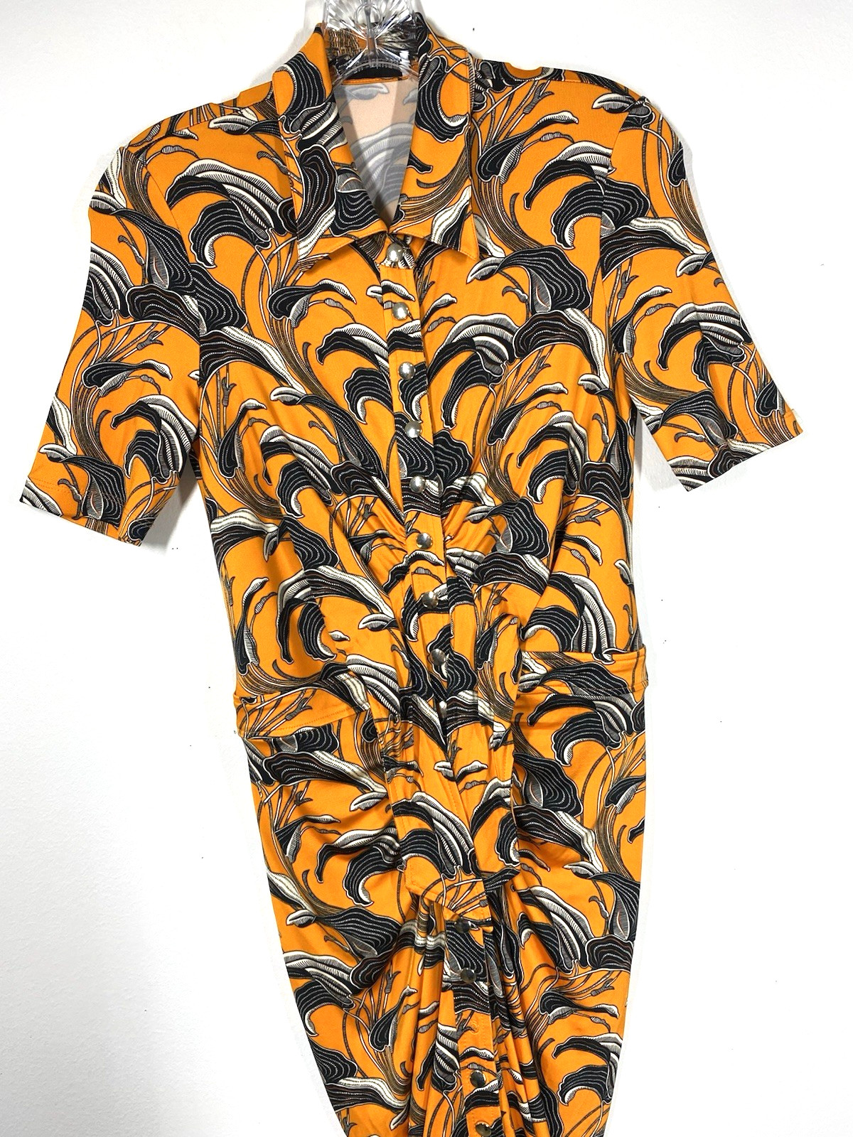 PACO RABANNE Orange Flower Printed Short Sleeve Collared Maxi Dress Size 38 NSC