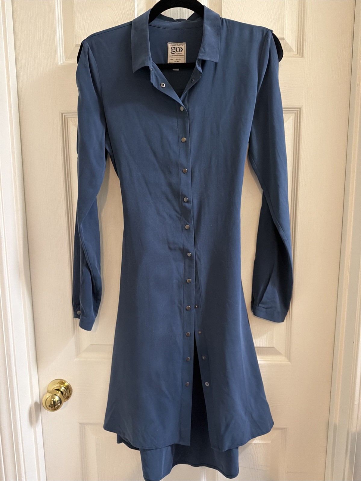 Go Silk 100% Silk Classic Shirt Dress Teal Blue Snap Closure Long Sleeve Bow Tie