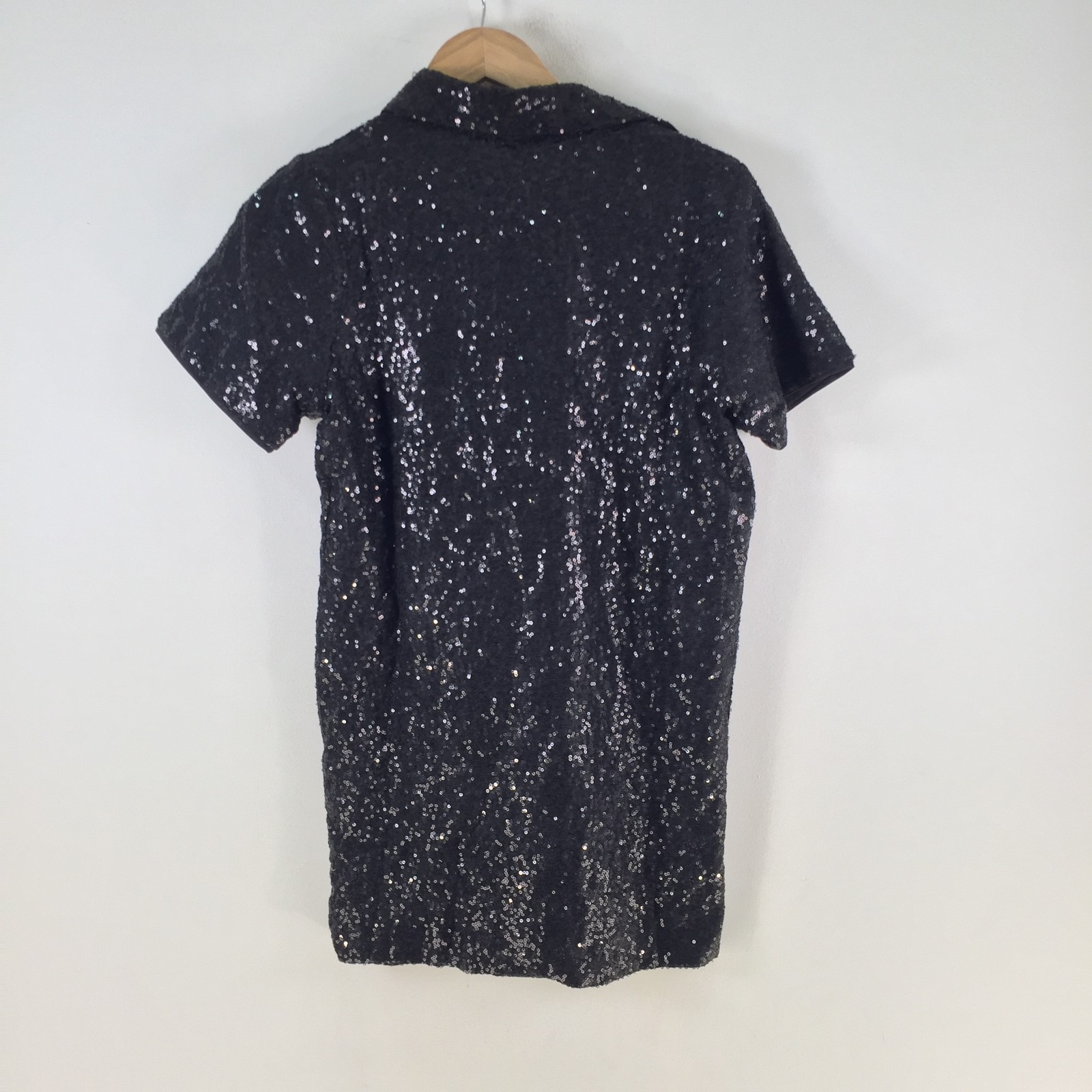 Extro Vert shirt dress mini womens 6 black sequin short sleeve collar 116962