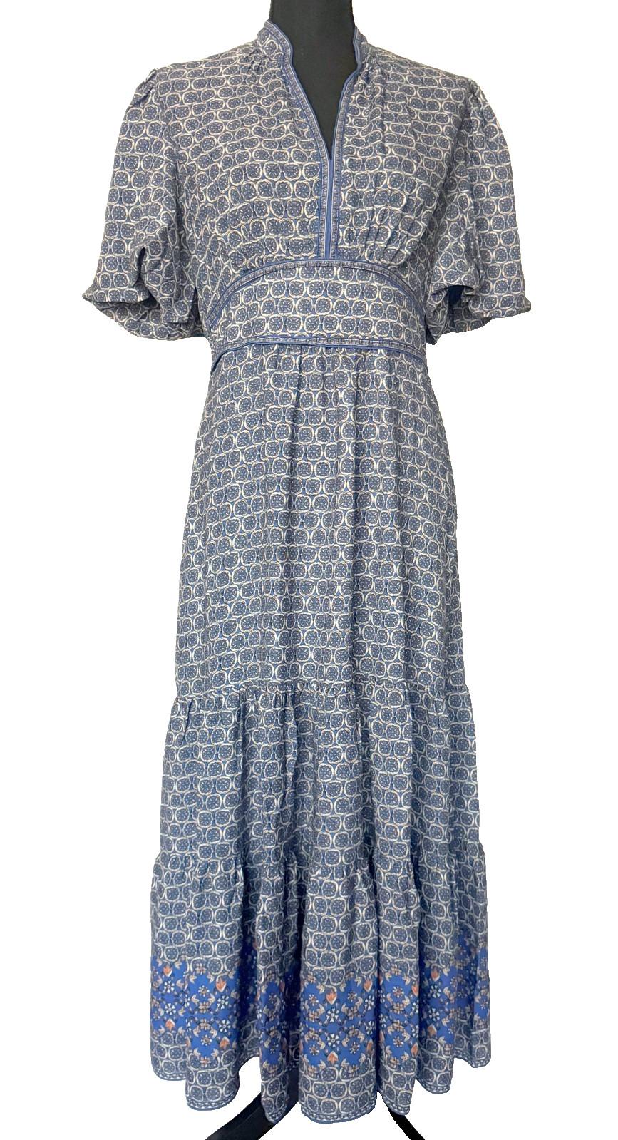 Max Studio $178 Blue Ditsy Floral Elbow Sleeve Tiered Maxi Dress Medium NWT