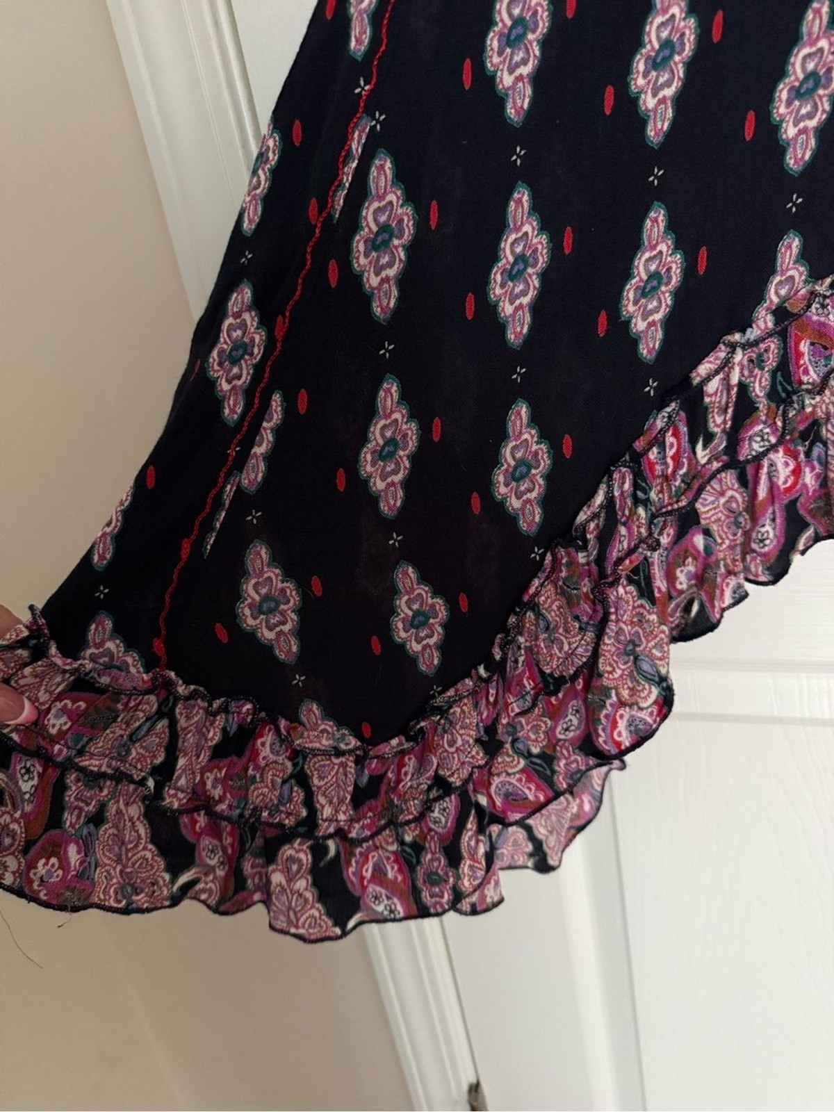 RAGA XS Embroidered Semi Sheer Navy Dress Floral Boho Whimsygoth Sharkbite Hem