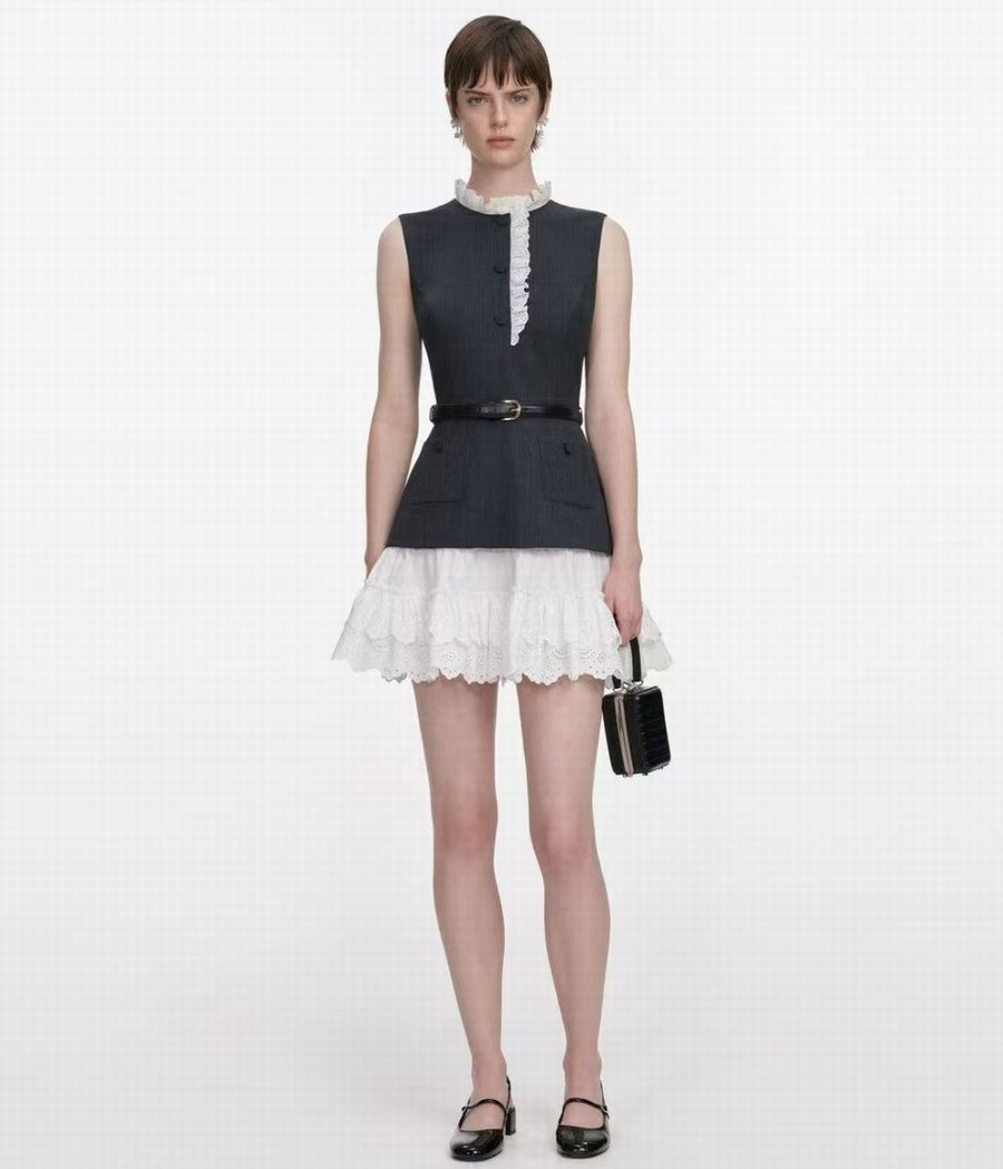 Self-Portrait Women’s Grey Patchwork white Lace Sleeveless Dresse+ Belt
