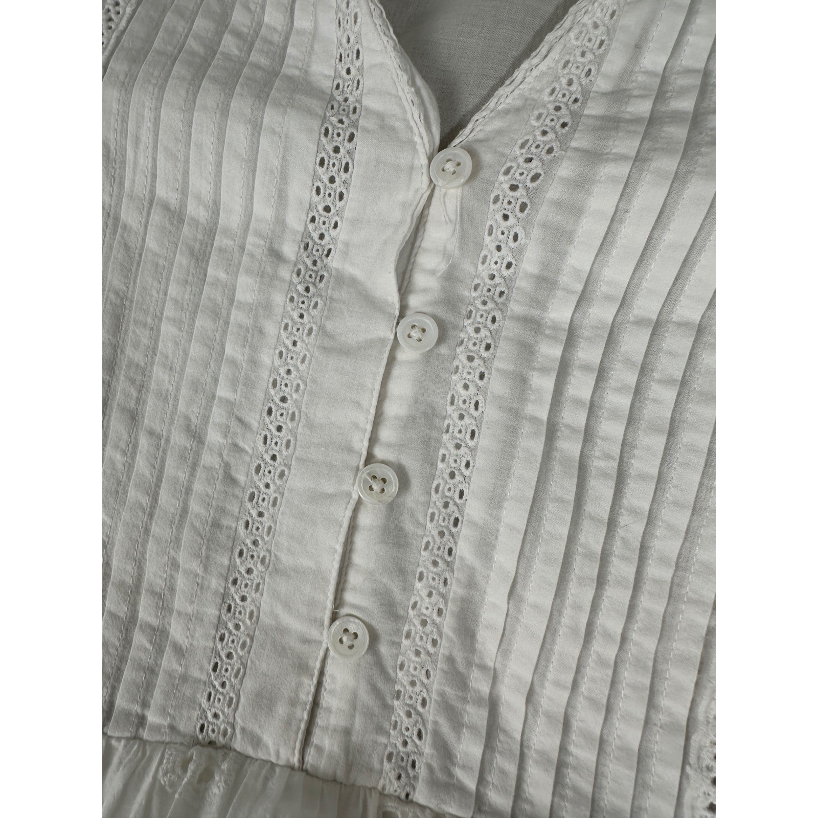 Zara White Eyelet Lace Midi Dress Womens XL Long Sleeve Boho Pintuck V-Neck