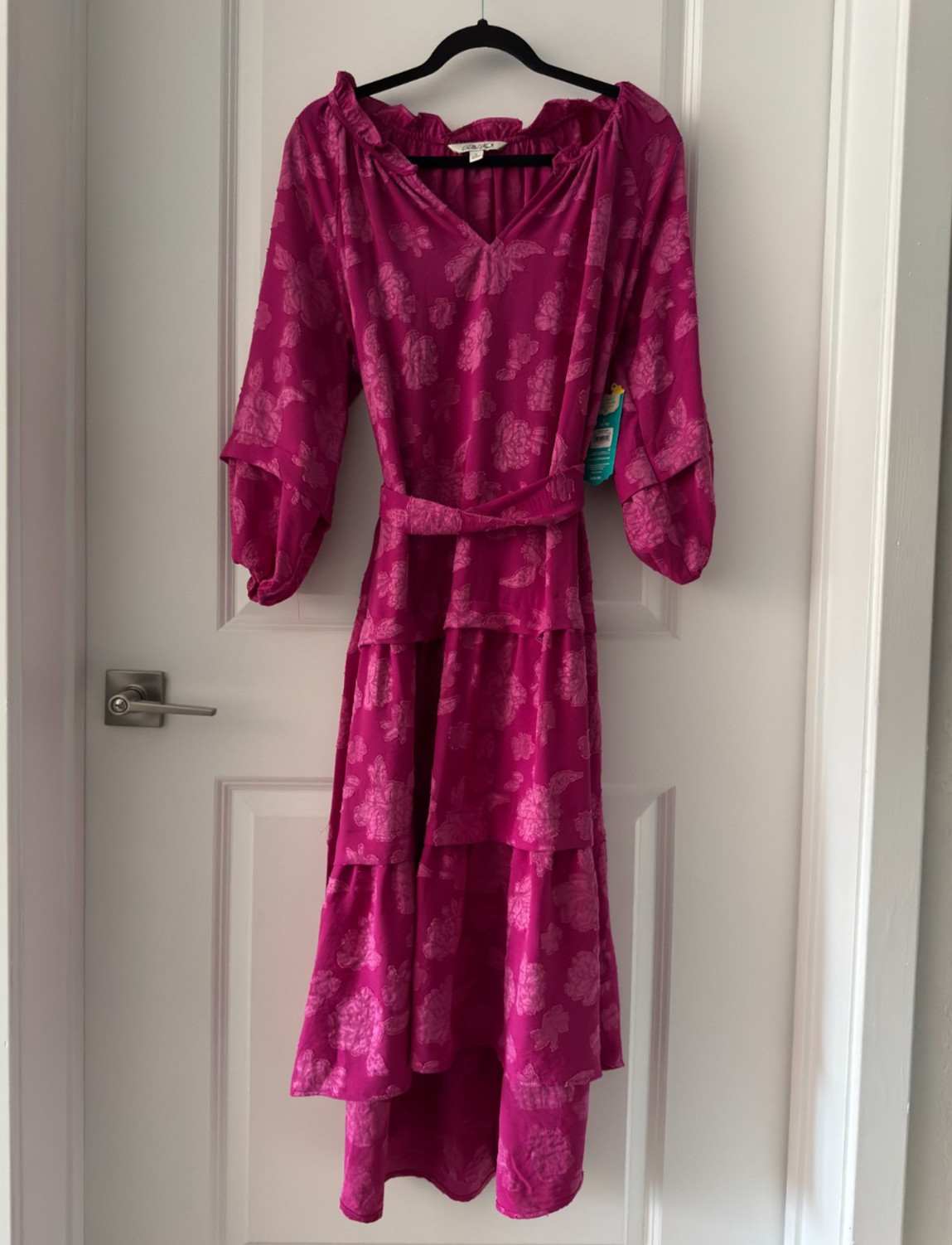 NWT Pioneer Woman Festive Fuchsia 3/4 sleeve Tiered Ruffle Midi Dress Large