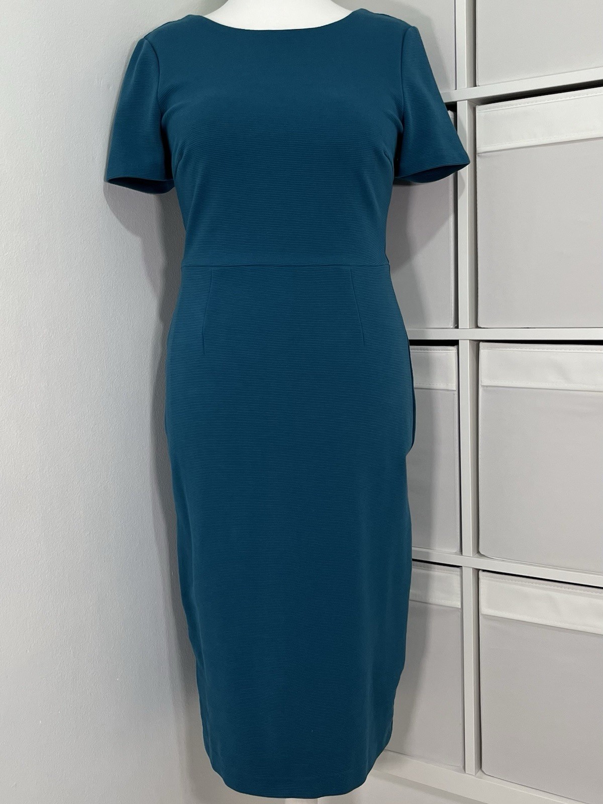 Boden Ribbed Pencil Wiggle Midi Dress Size 14 Blue Stretch Occasion Office Work