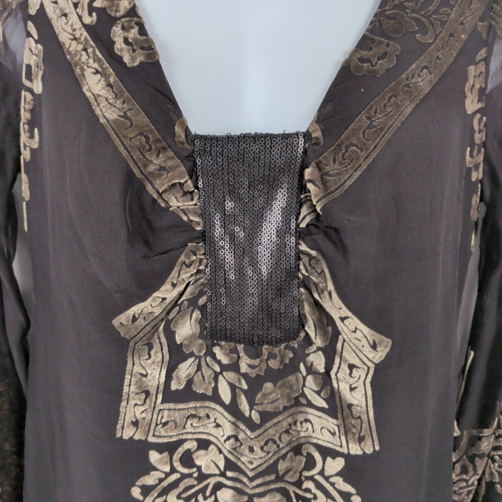 Silk Blend Velvet Burnout Damask Sequin V-Neck Tunic Top Black Large Hale Bob