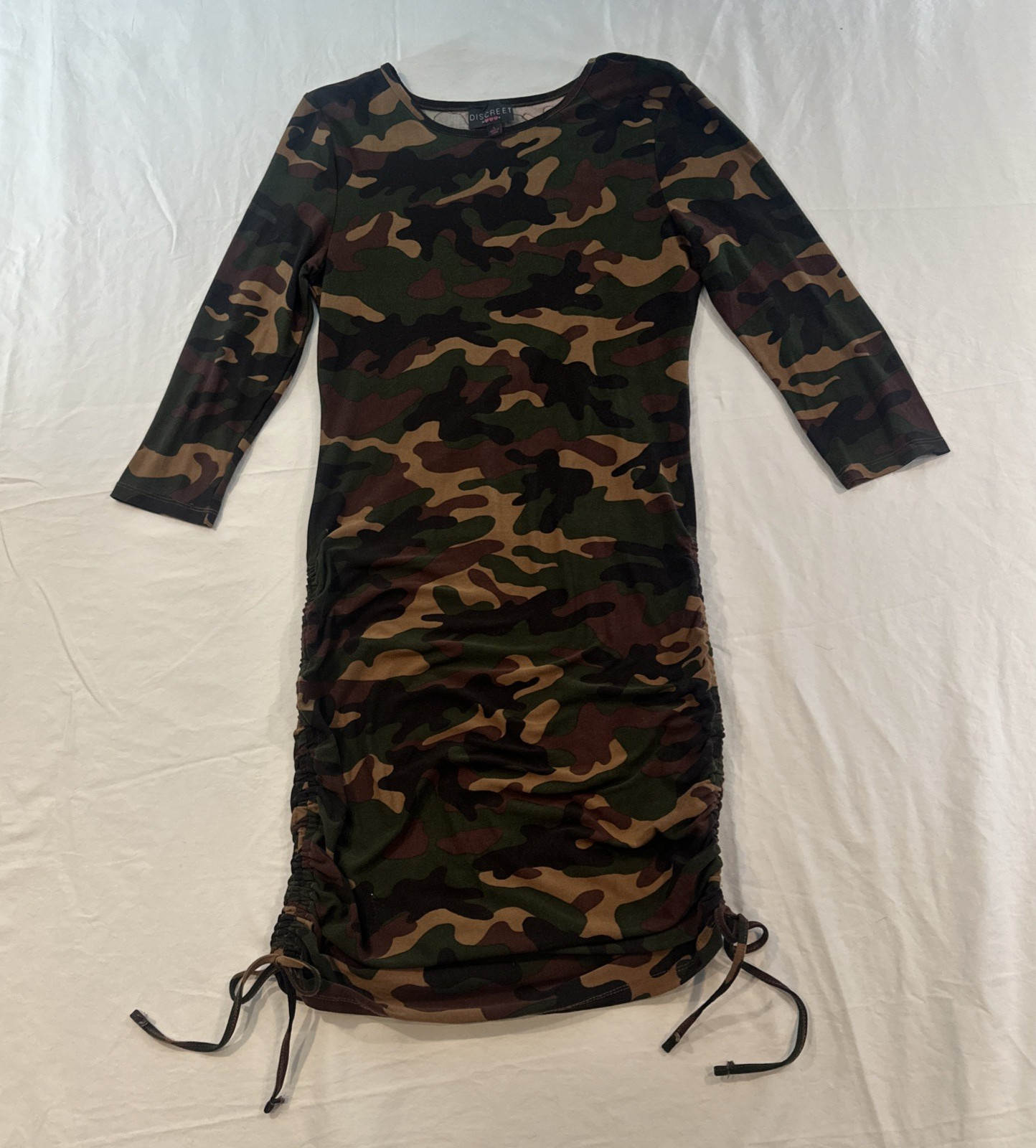 Edgy Alternative Bodycon Fitted Camo Dress Womens L Long Sleeve Ruched Discreet