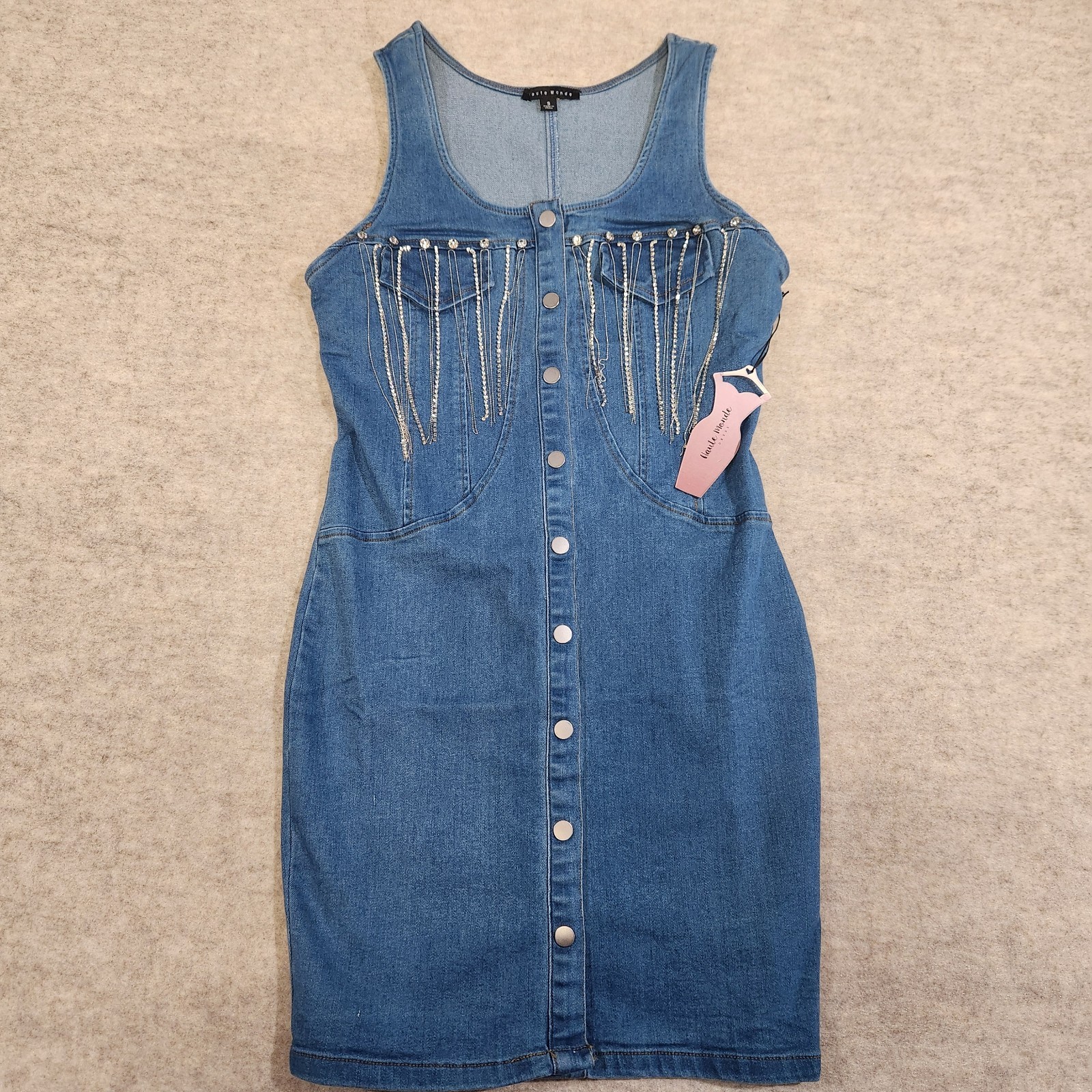 Haute Monde Denim Dress Womens Small Snap Front Fringe Rhinestone Western
