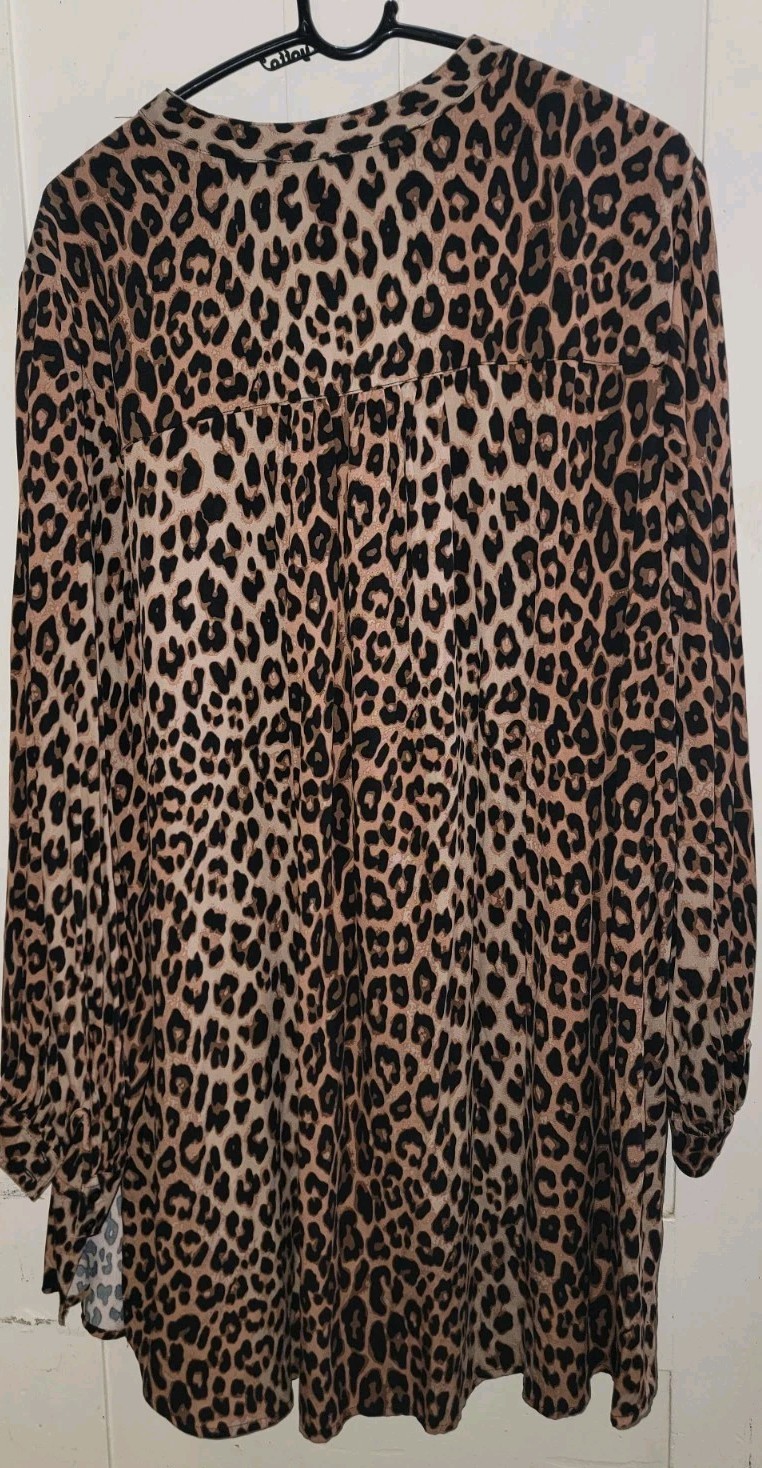 H&M Beige Leopard Pattern Short & Wide Dress W/Long Balloon Sleeves Size XL NWOT