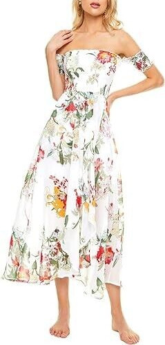 FVluolo Floral Off The Shoulder Dress Chiffon Smocked High Low Hem Split Dress M