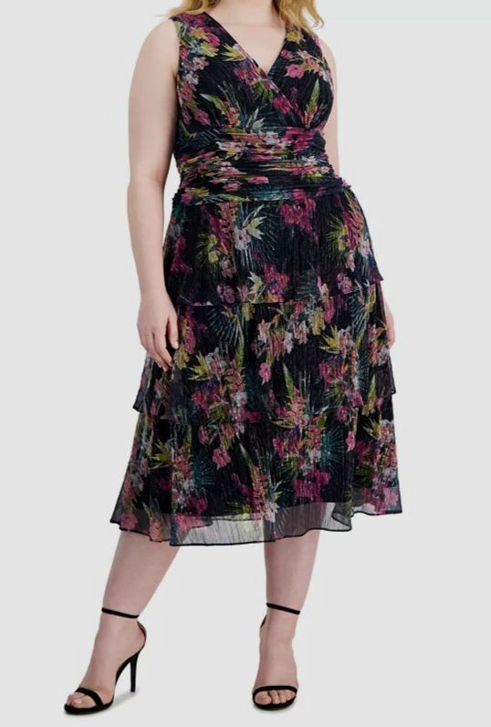 SLNY Women’s Black Floral-Print Crinkled Midi Dress Plus Size 18W